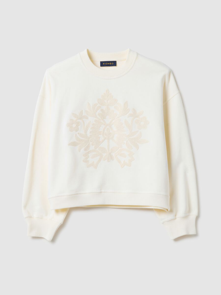 White cotton blend crew neck jumper regular fit with floral embroidery_4