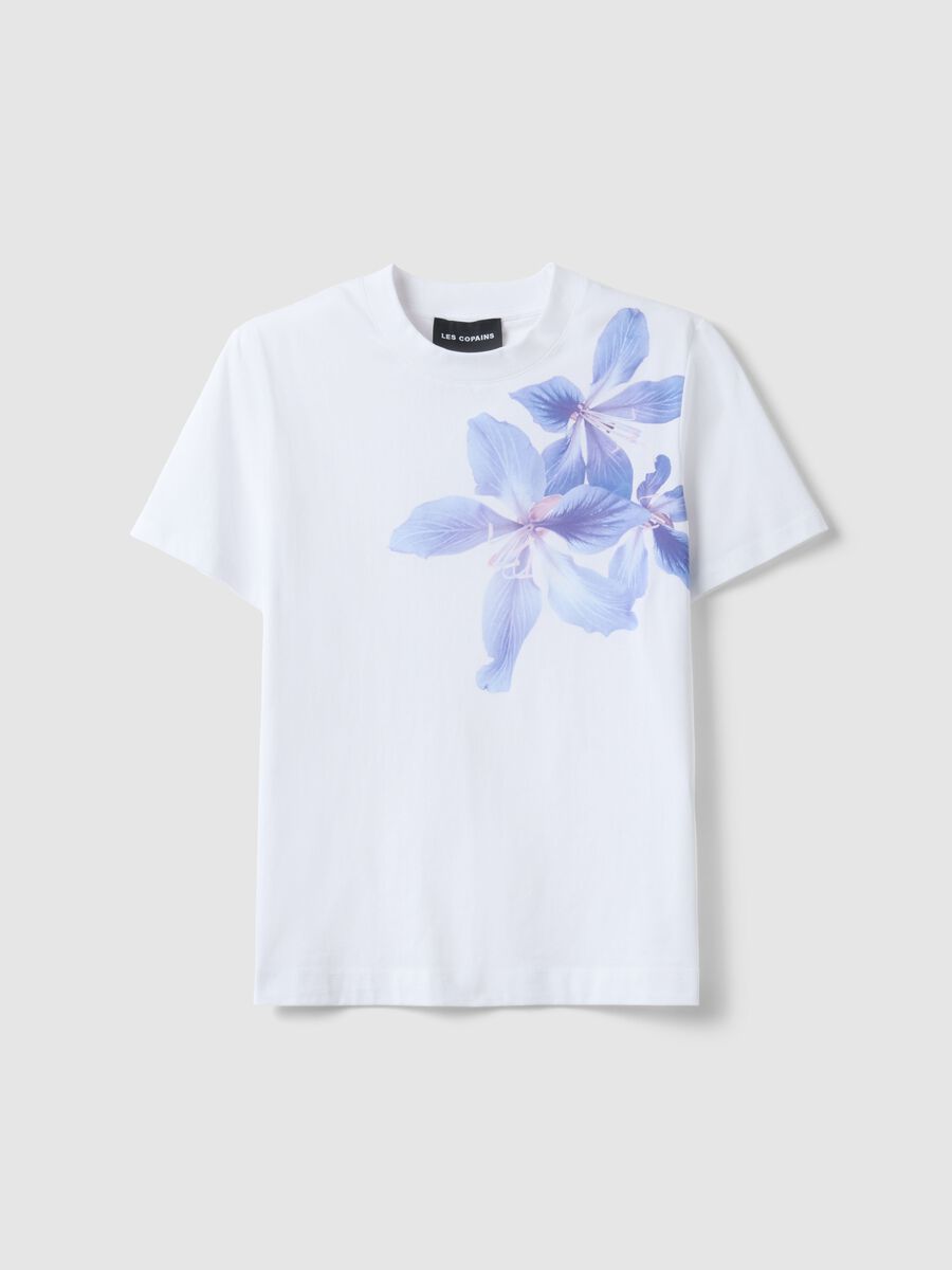 T-shirt in puro cotone bianco regular fit con stampa floreale_0