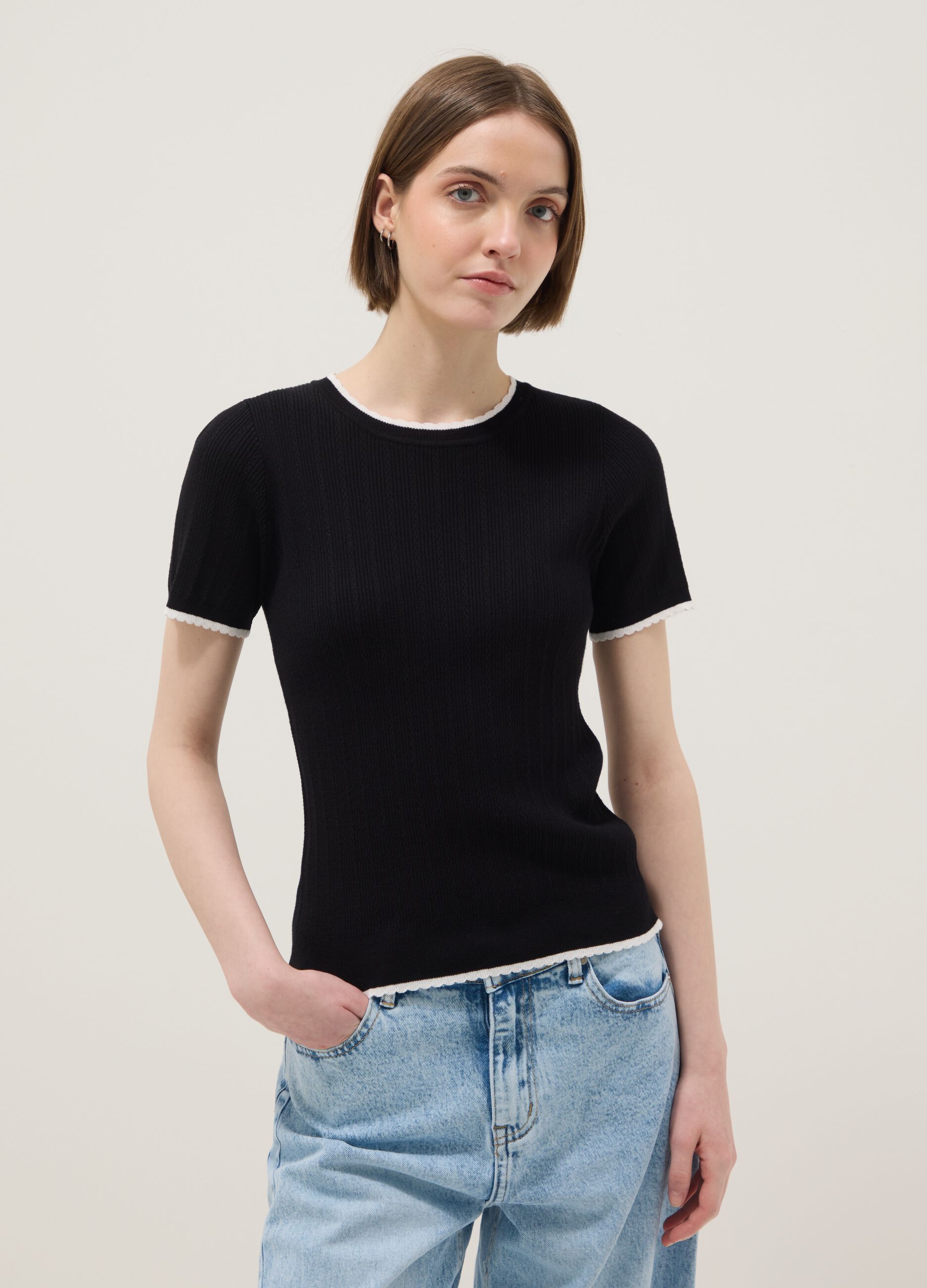 Black viscose blend t-shirt regular fit with cut-out details