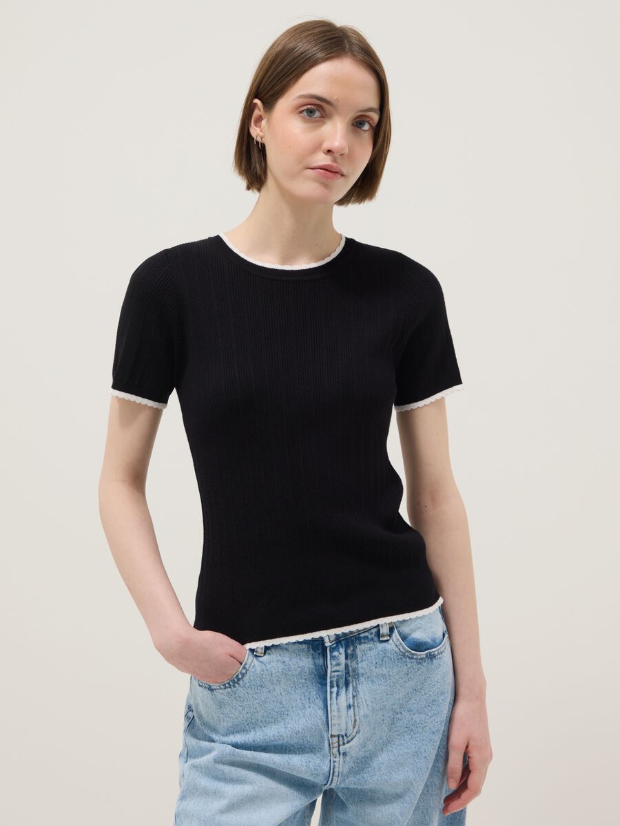 Black viscose blend t-shirt regular fit with cut-out details_0