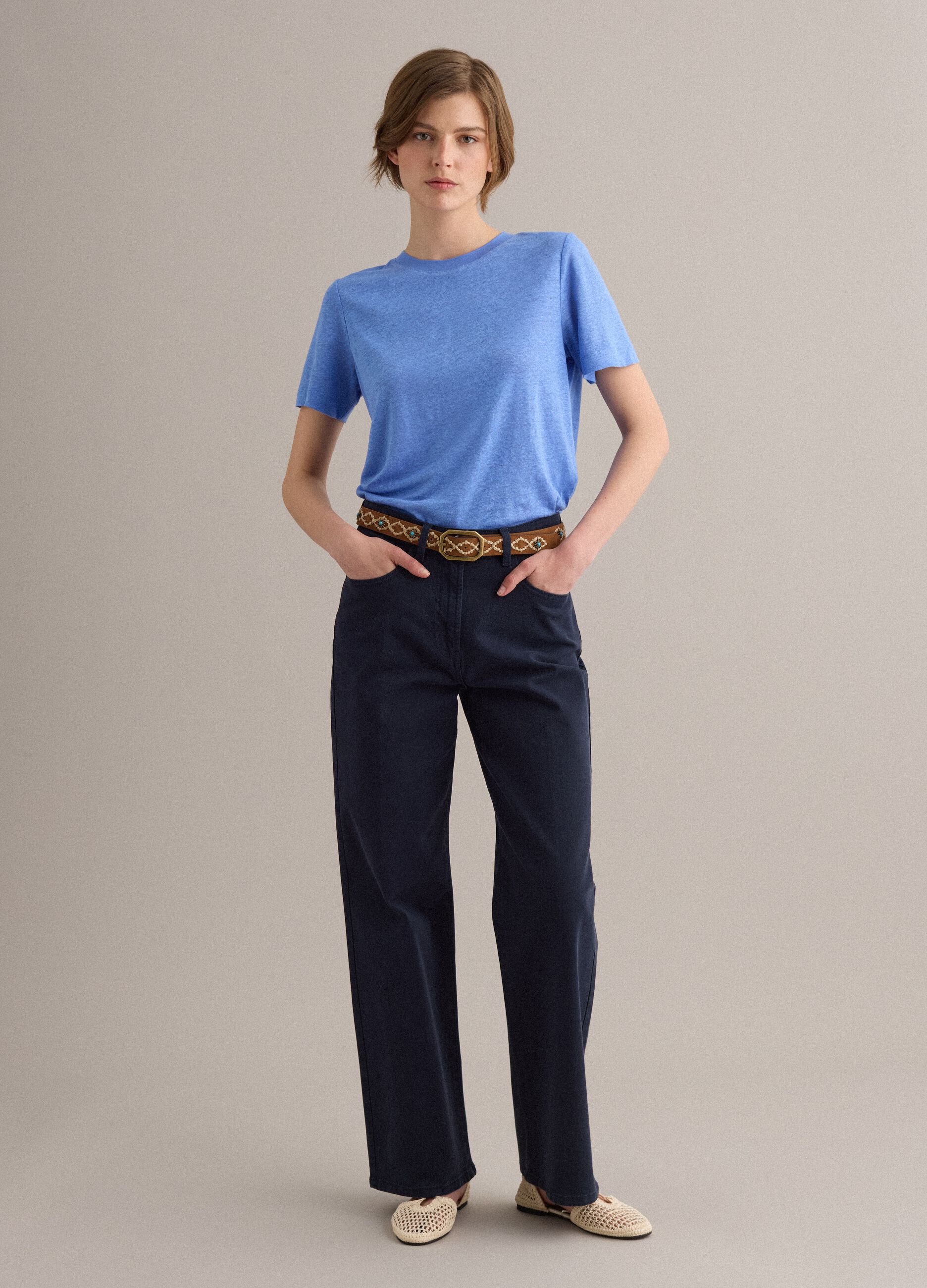 Light blue pure linen regular-fit short-sleeve T-shirt