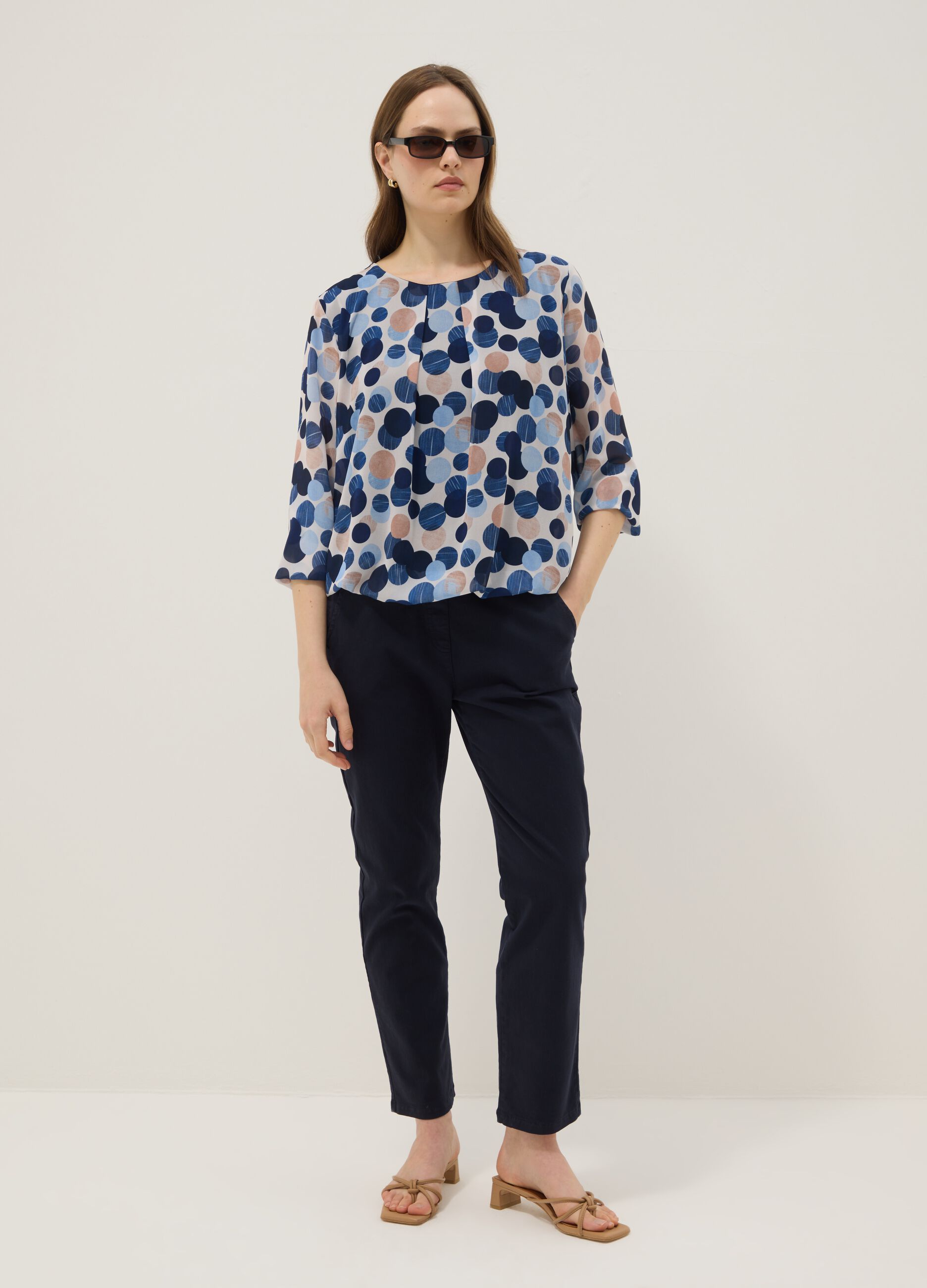 Blue stretch cotton paper bag trousers, regular fit