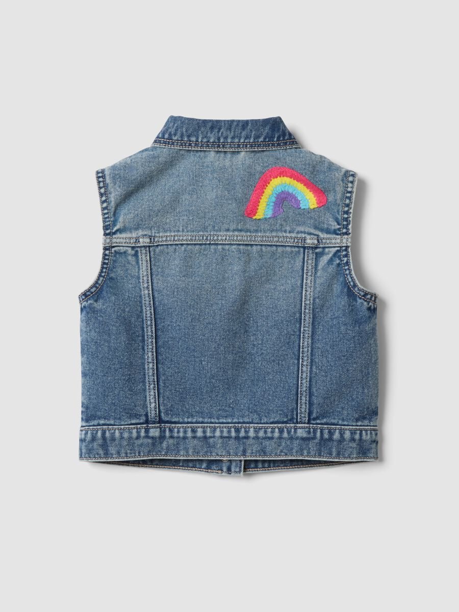 Giacca senza maniche denim blu in puro cotone da bambina con frutta_1