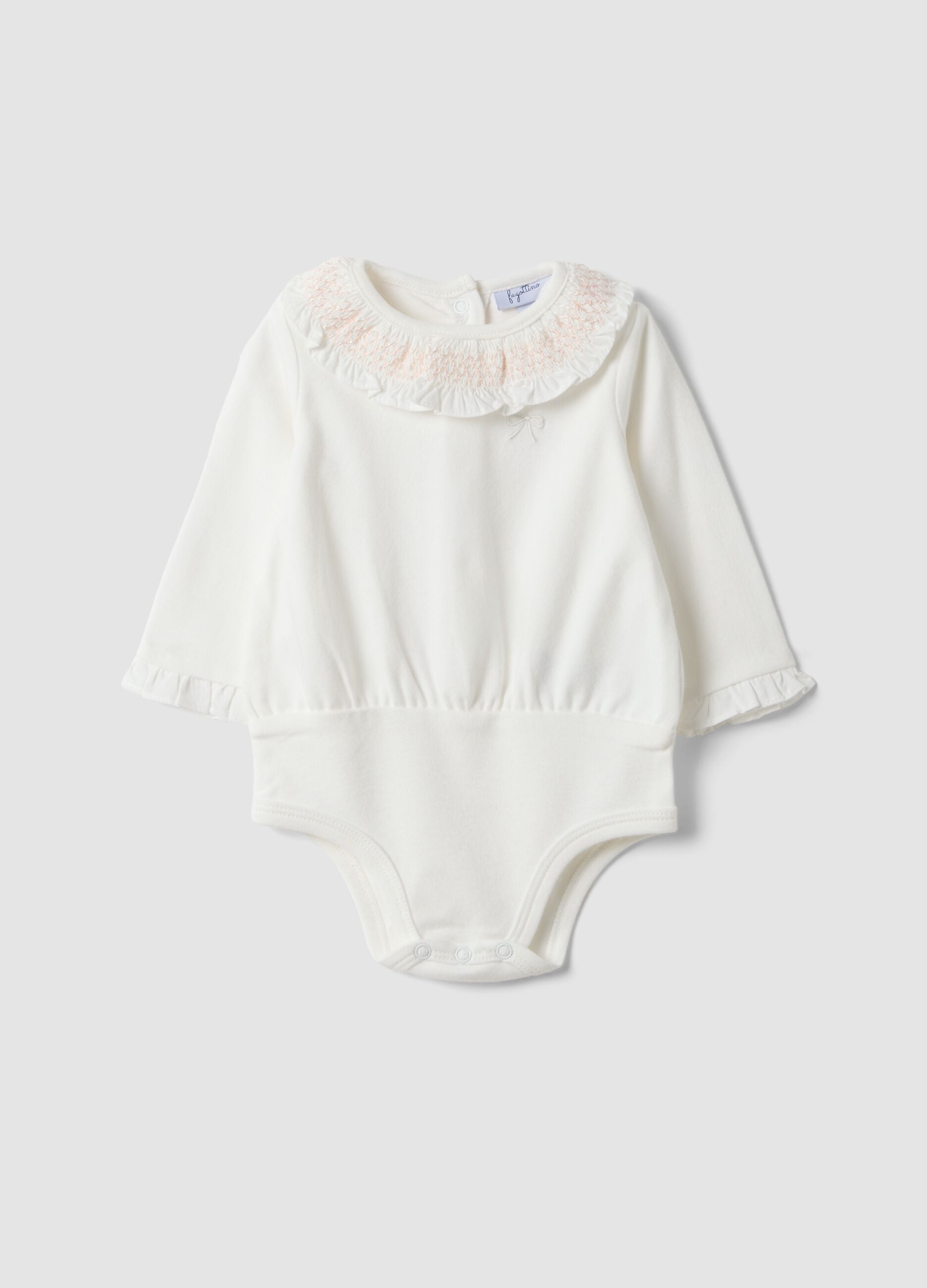 White baby girl bodysuit with pure organic cotton collar