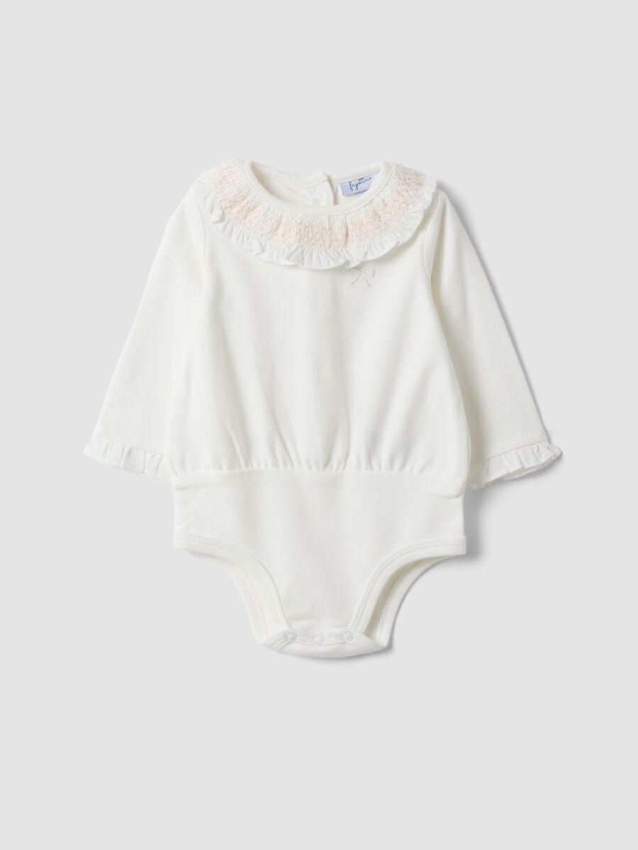 Body bianco con colletto in puro cotone organico per neonata_0