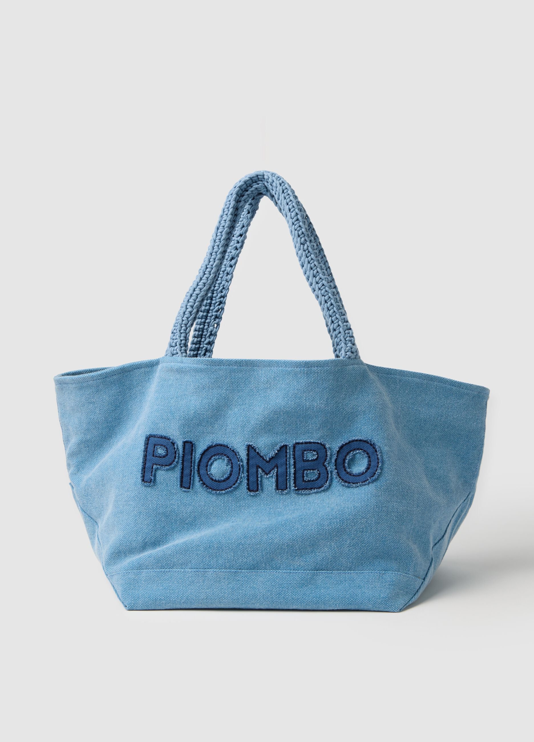 Women's light blue pure cotton tote with braided handles