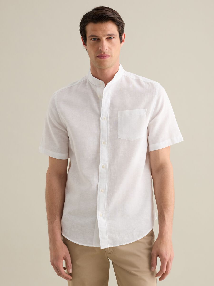Piombo White Short Sleeve Linen and Cotton Shirt_0