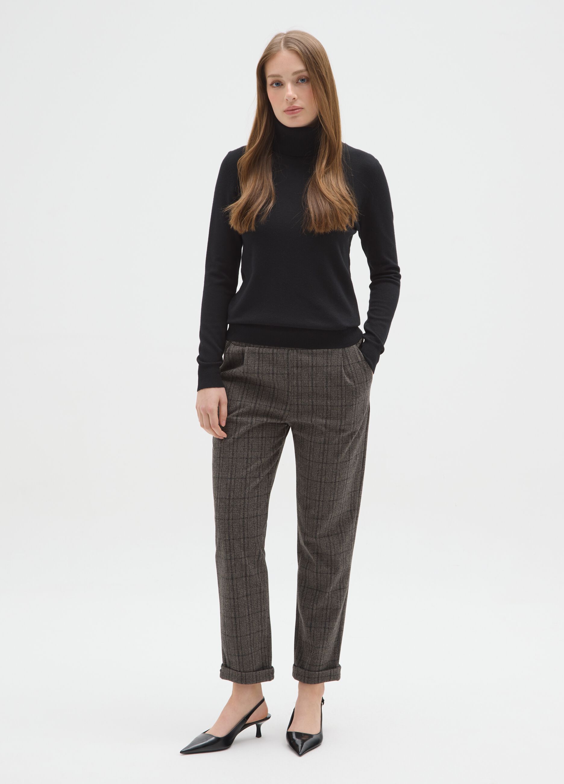 Pantaloni marroni a quadri in tessuto elasticizzato regular fit