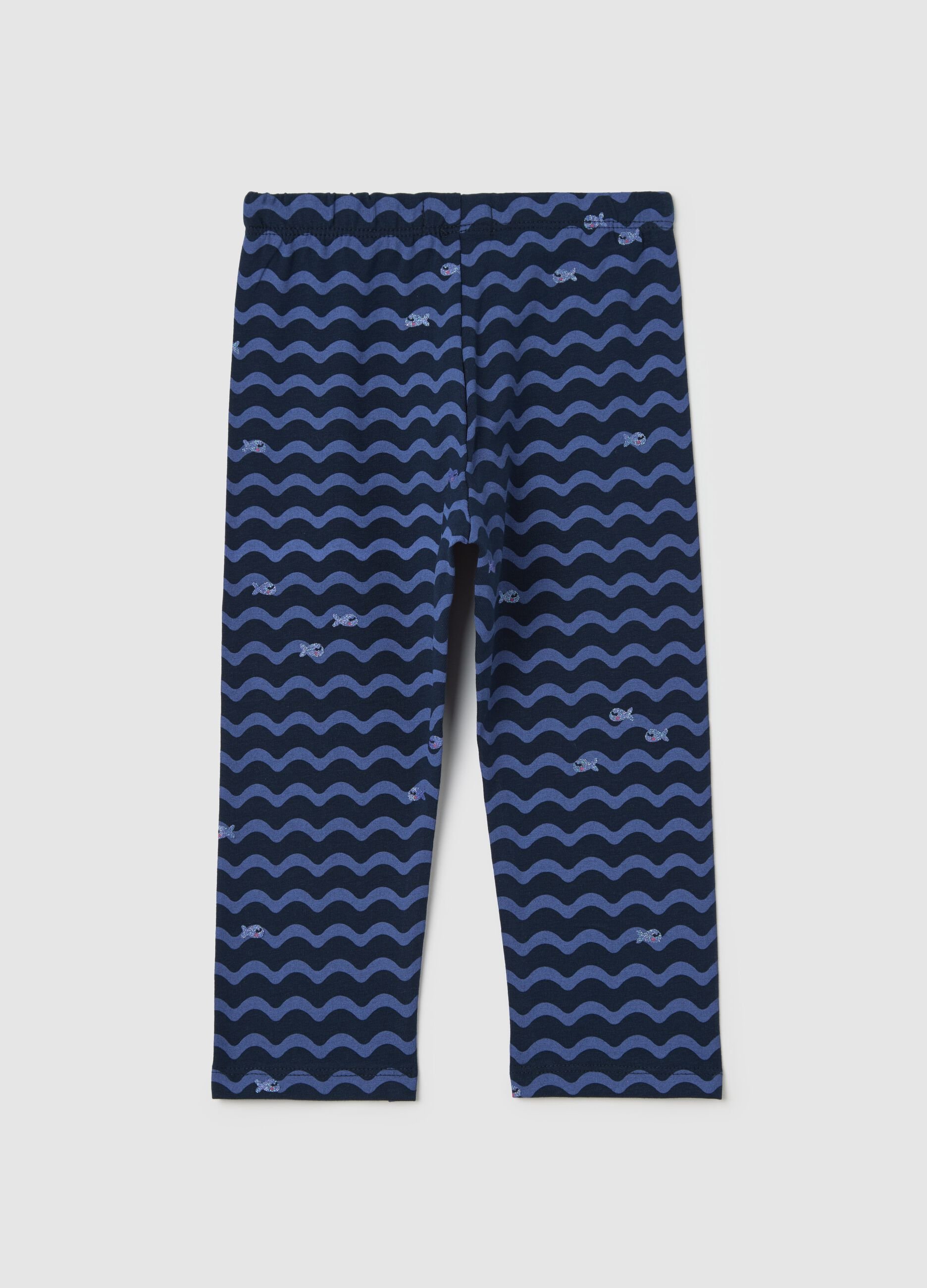 Blue three-quarter leggings in stretch cotton with print