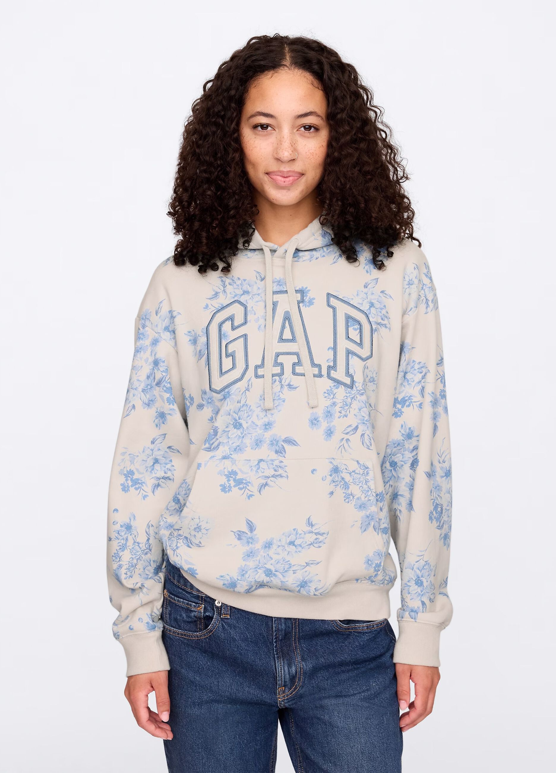 Beige floral sweatshirt with hood