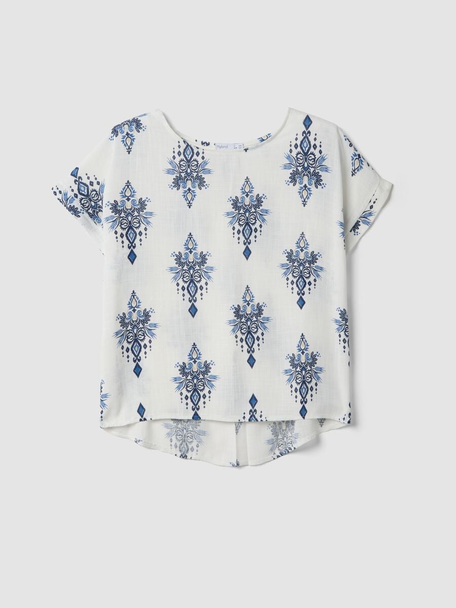 Blusa bianca in pura viscosa con stampa blu regular fit_4