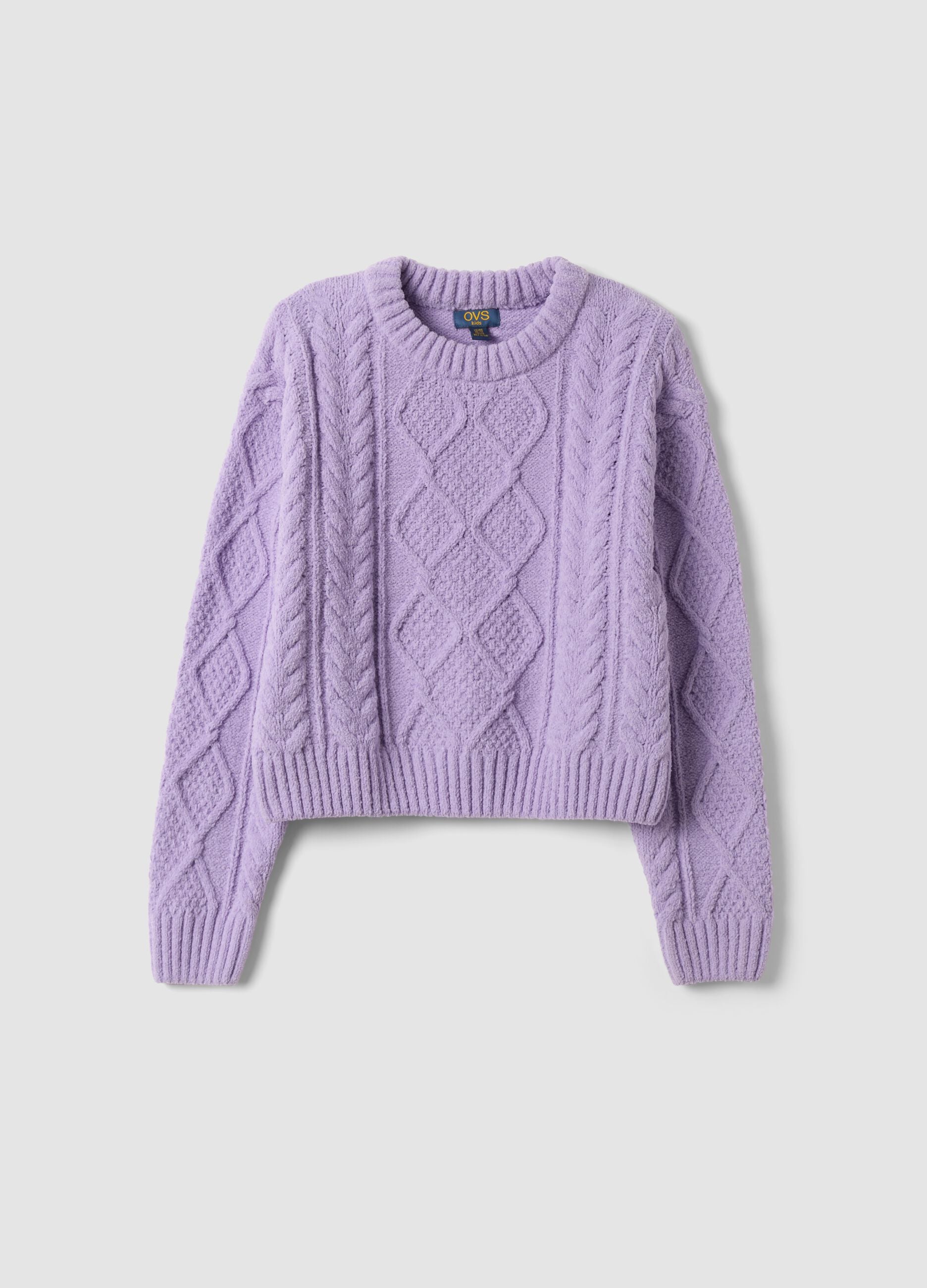 Purple and pink cable-knit crew neck jumper
