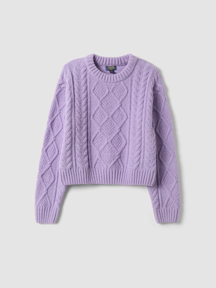 Maglione viola e rosa con girocollo a trecce_0