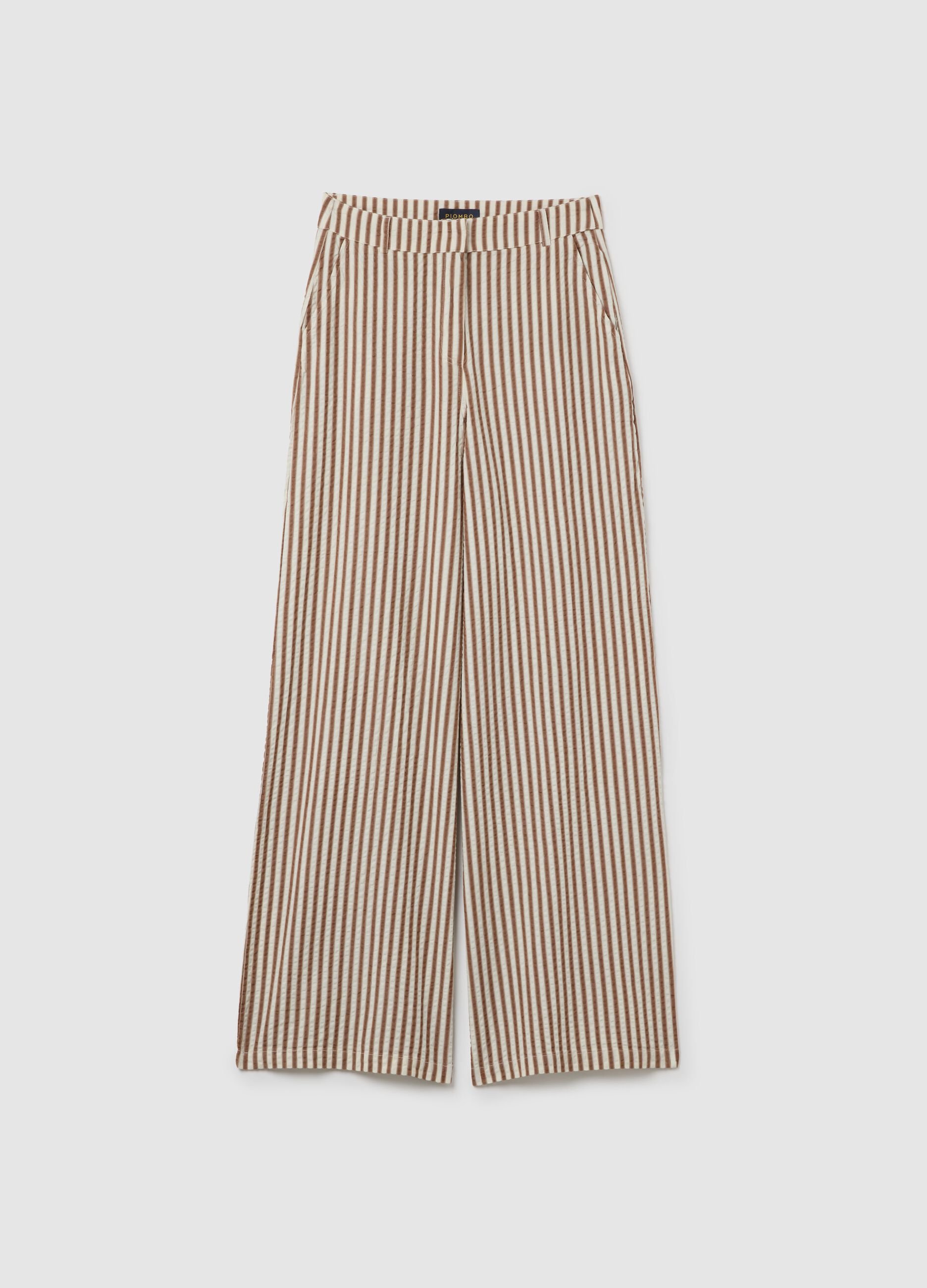 Striped Brown and White Cotton Palazzo Trousers