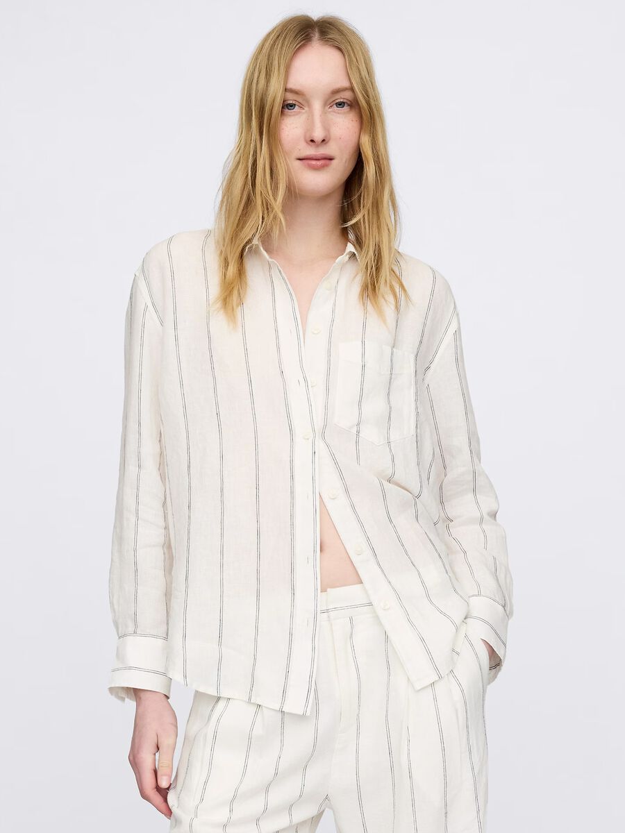 Wide white striped shirt in 100% linen_0