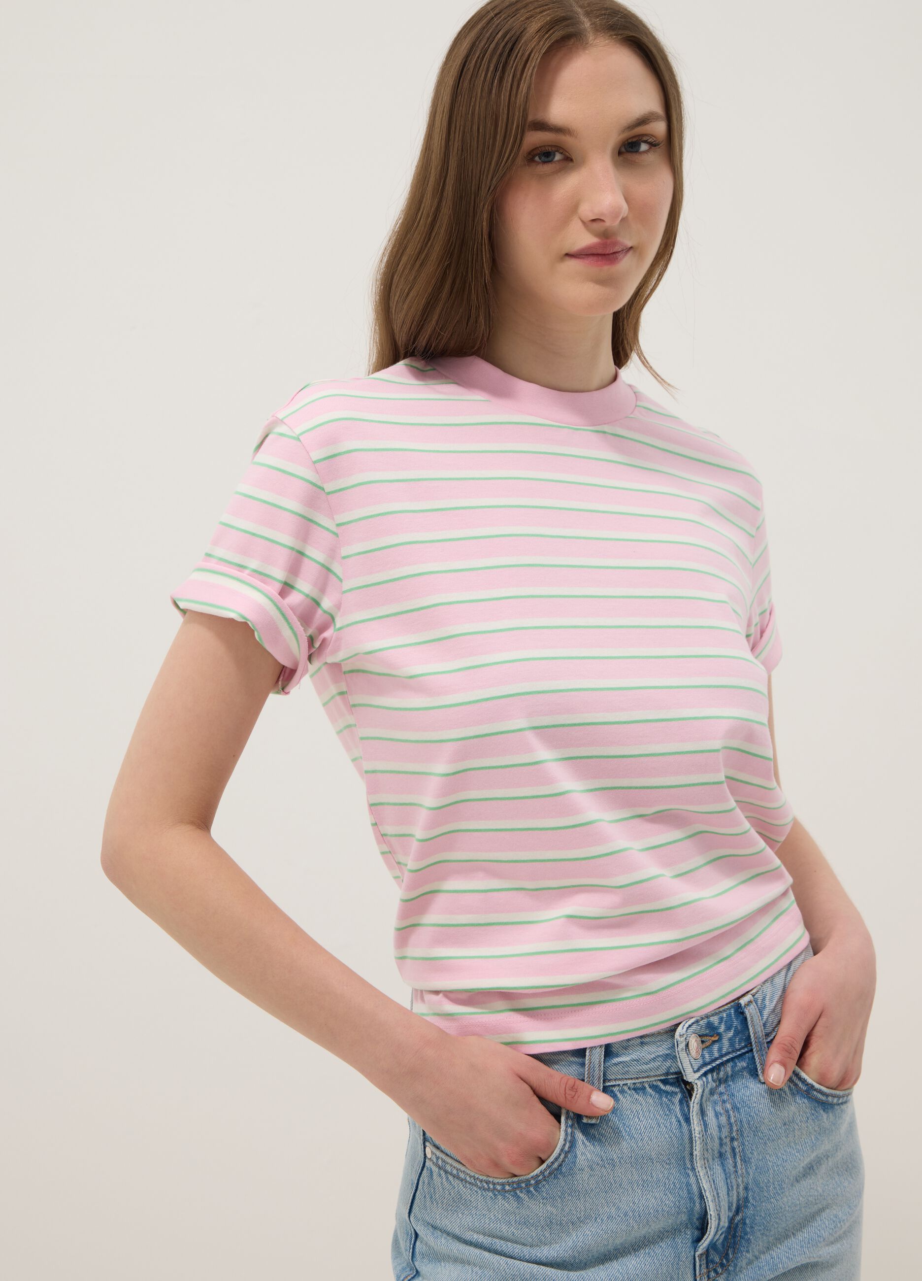 Pink striped pure cotton T-shirt