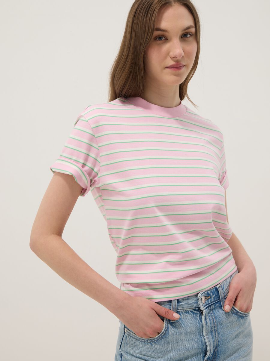 T-shirt rosa a righe in puro cotone_0