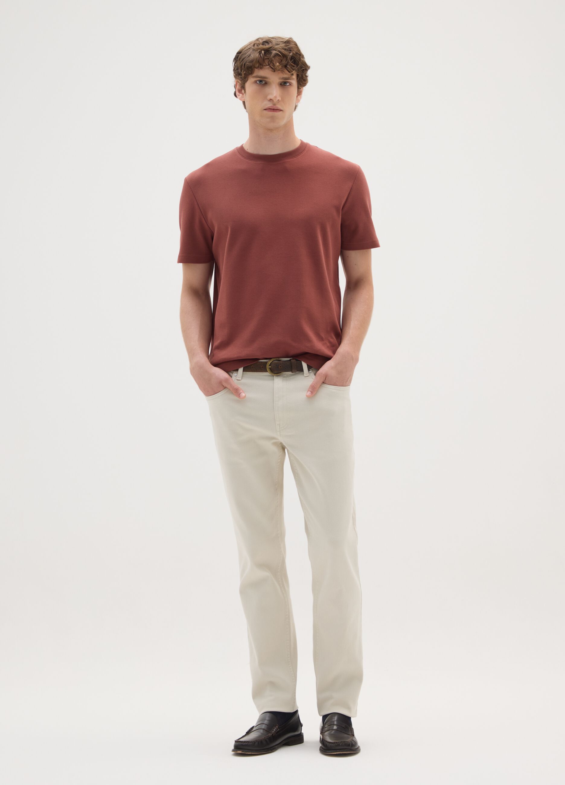Beige stretch cotton slim fit trousers