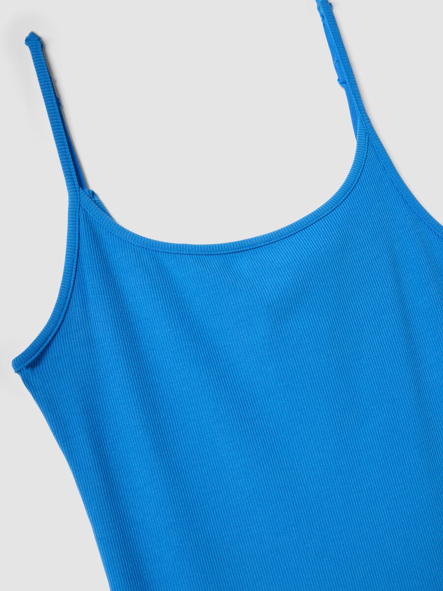 Blue fitted ribbed stretch modal dress with straps_1