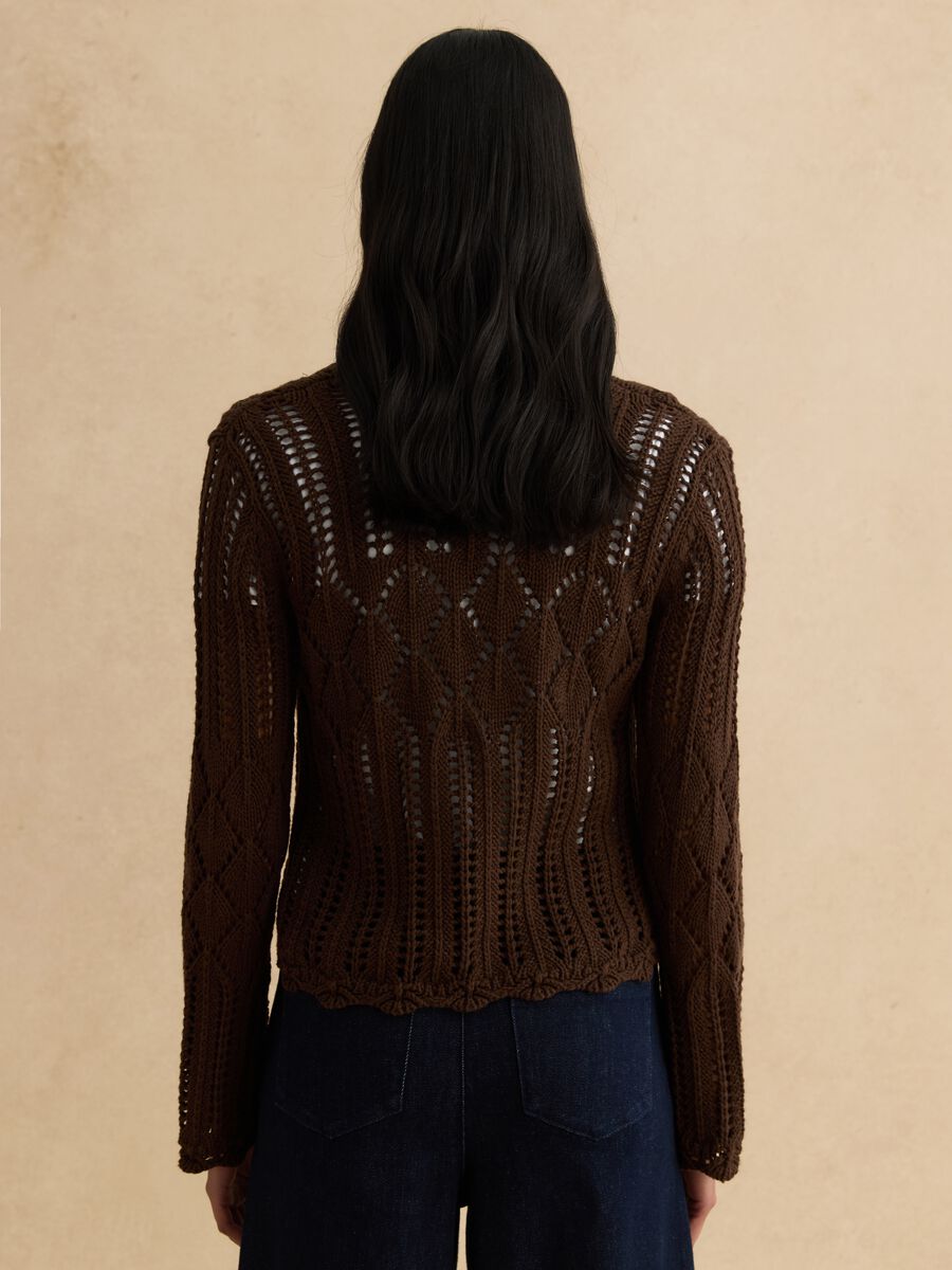 Brown pure cotton regular fit deep V openwork cardigan_2