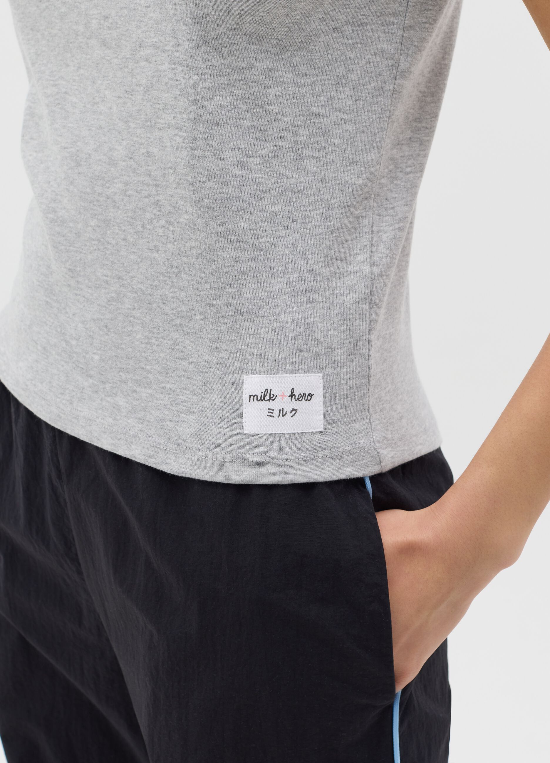 Grey T-shirt with light blue raglan sleeves