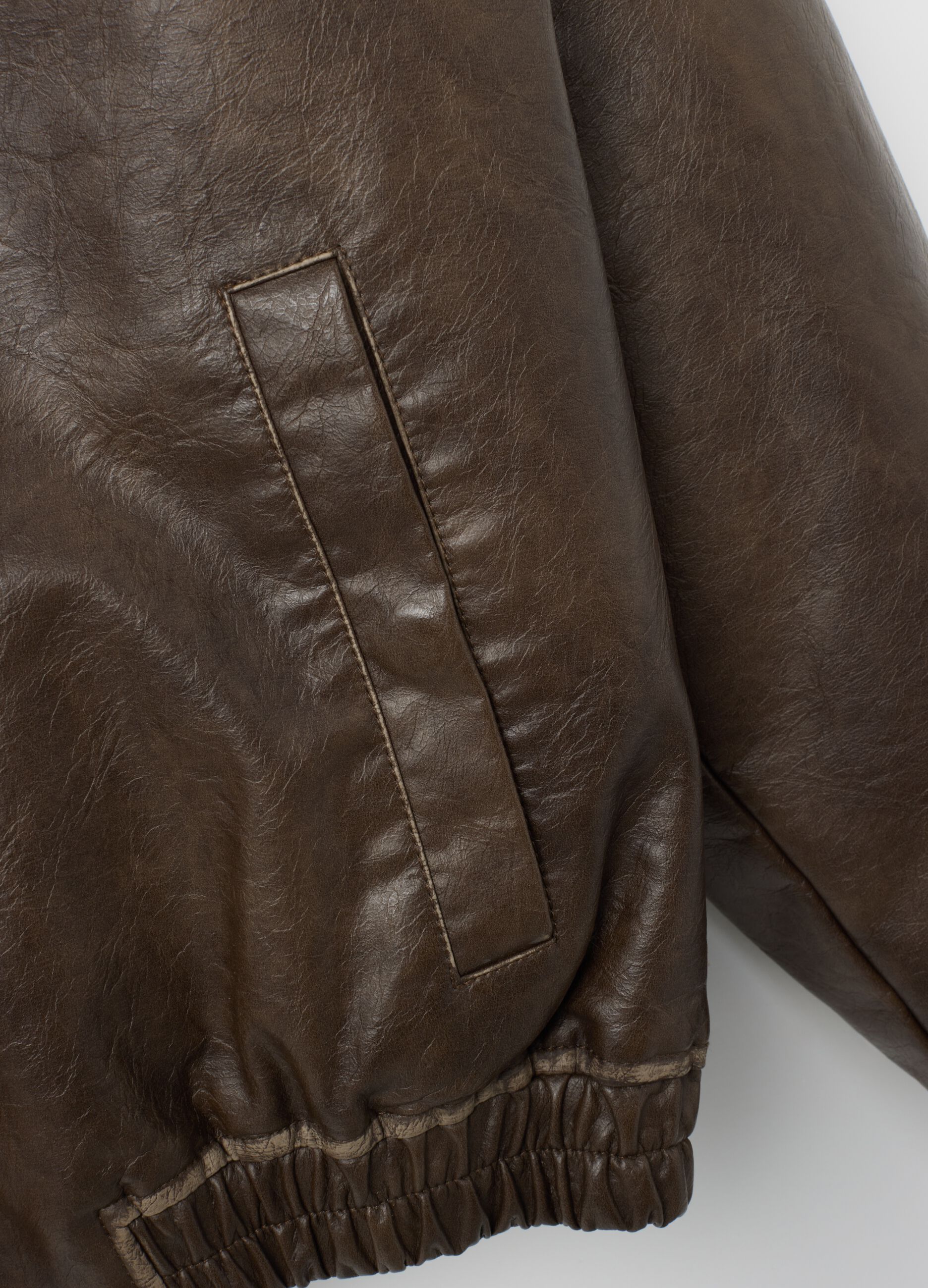 Brown Faux Leather Bomber Jacket