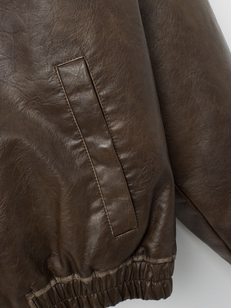 Brown Faux Leather Bomber Jacket_1