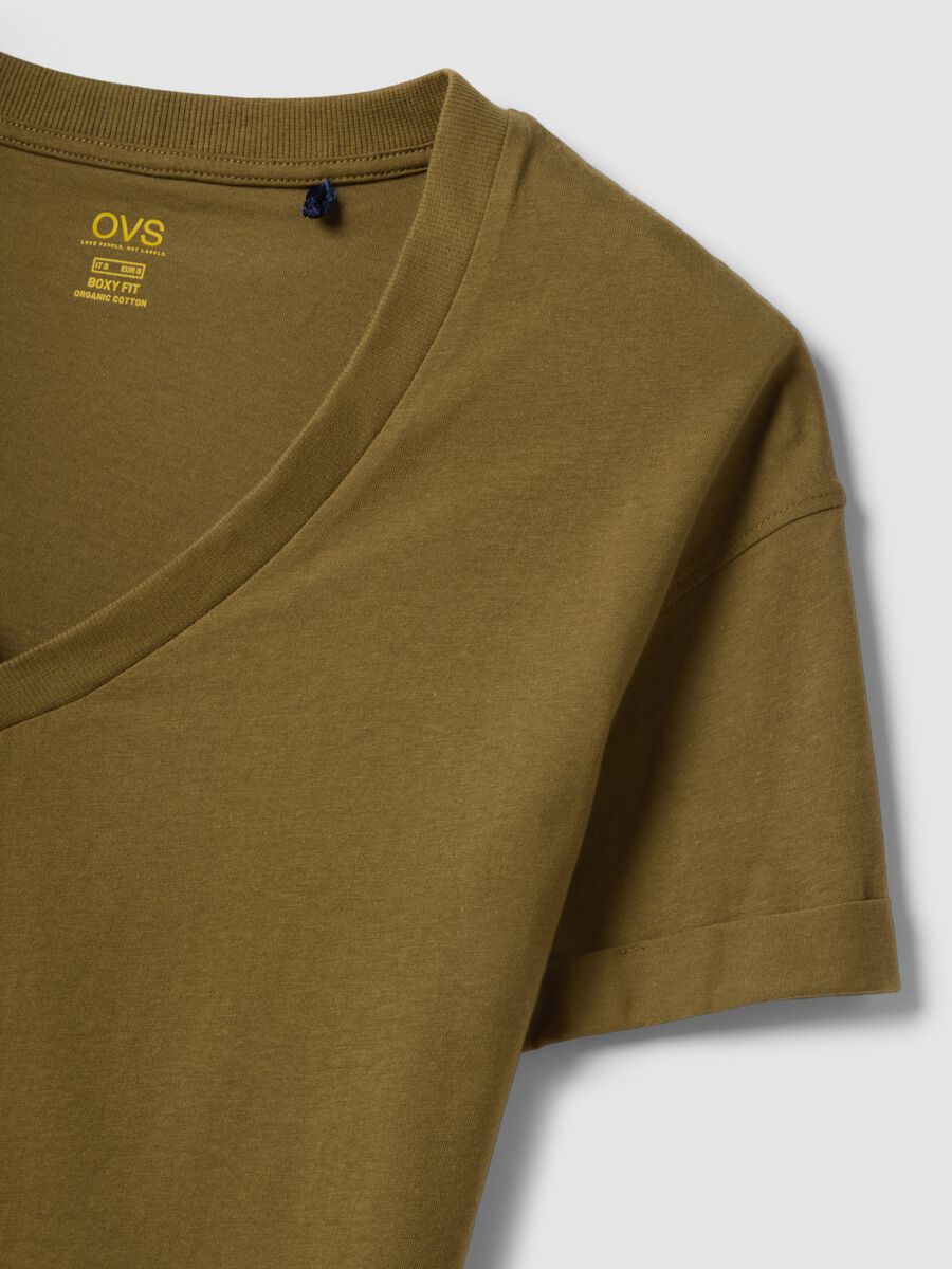 Green pure cotton V-neck relaxed fit T-shirt_5