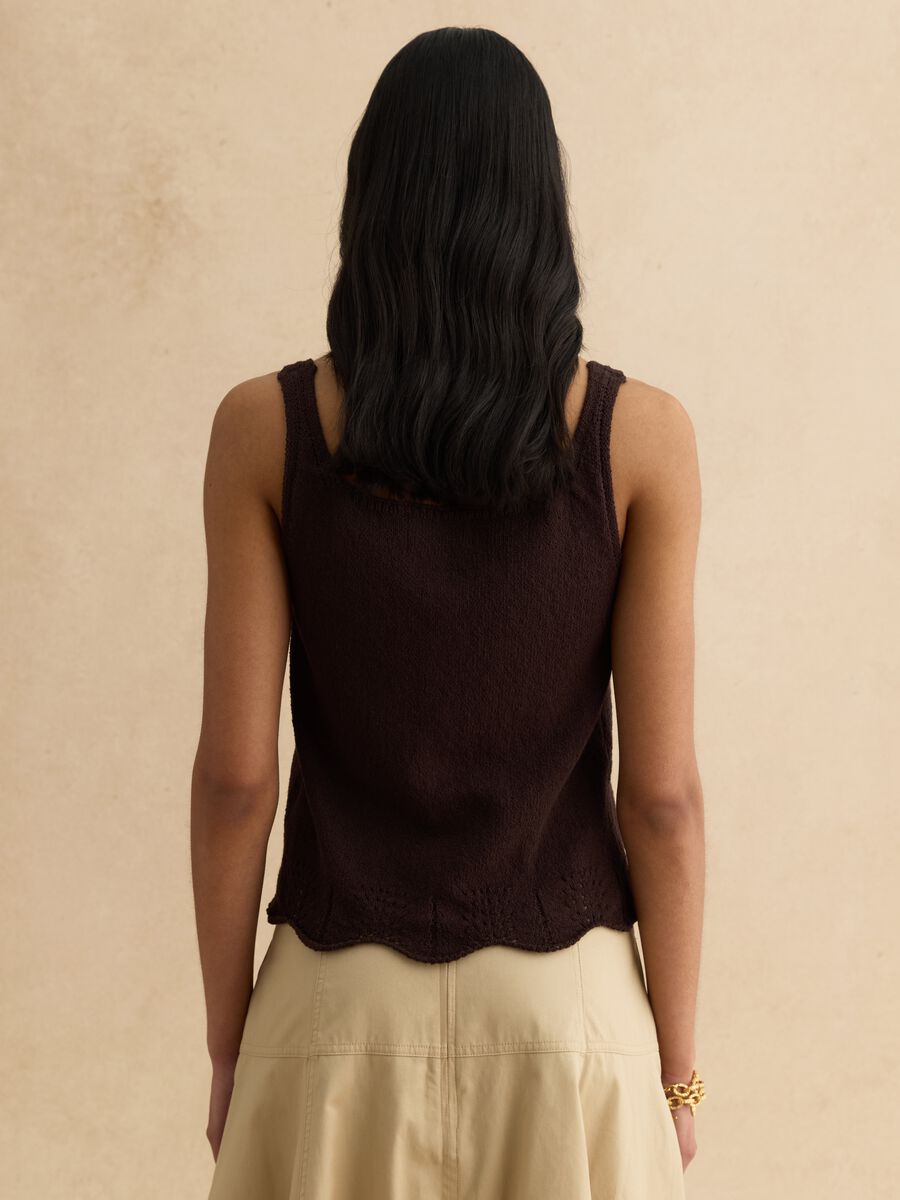 Brown cotton blend regular fit tank top with buttons_3