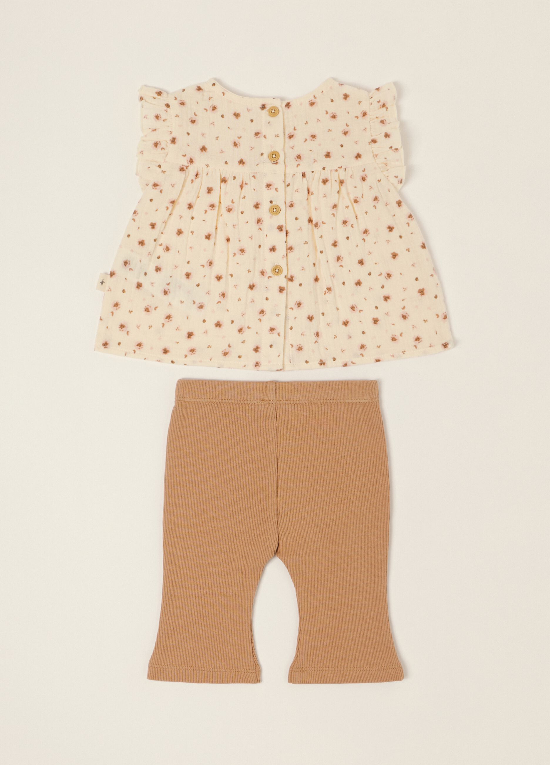 Beige baby girl set in pure cotton with floral print