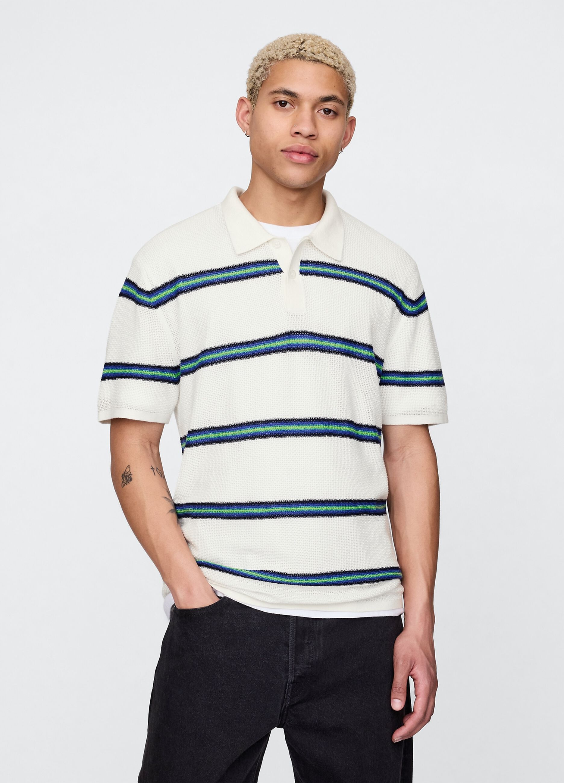 OVS White Striped Short Sleeve Polo