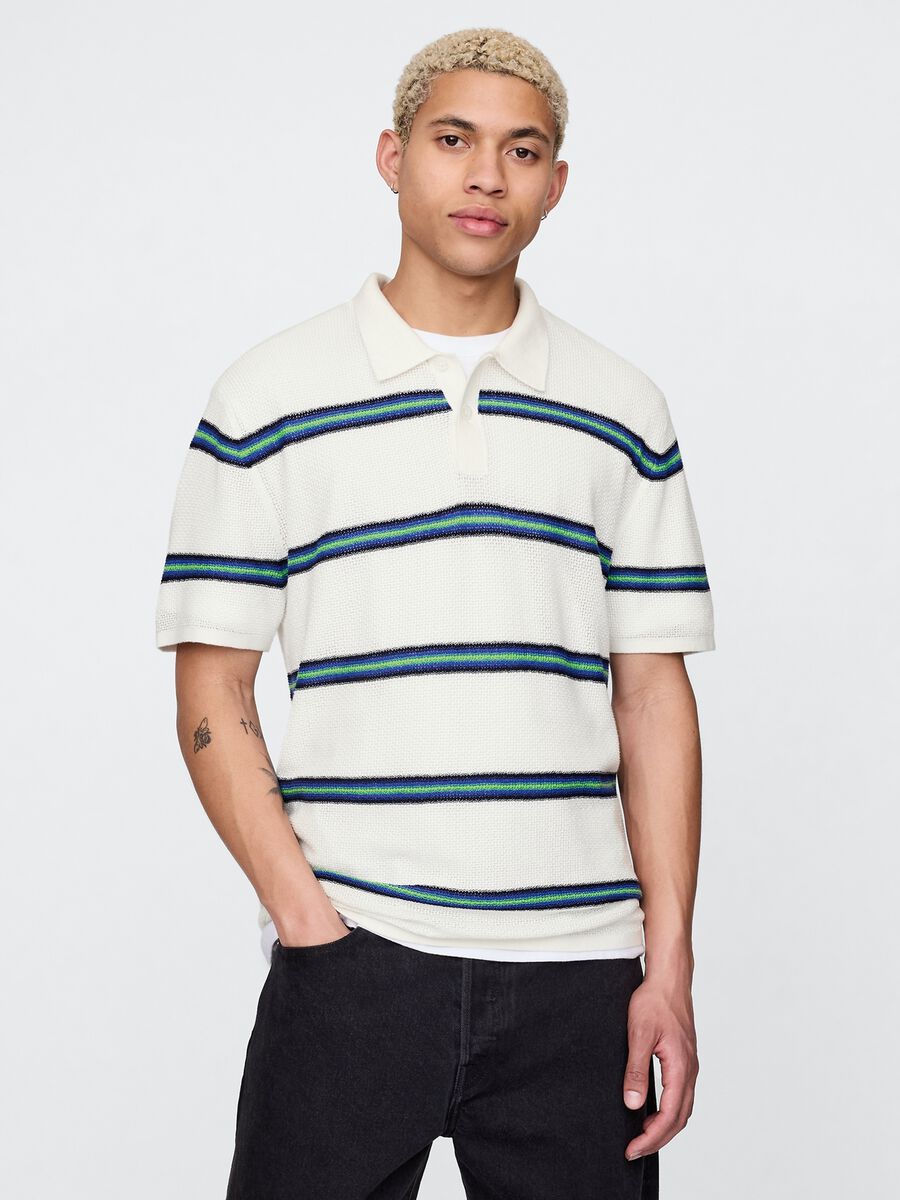 OVS White Striped Short Sleeve Polo_0