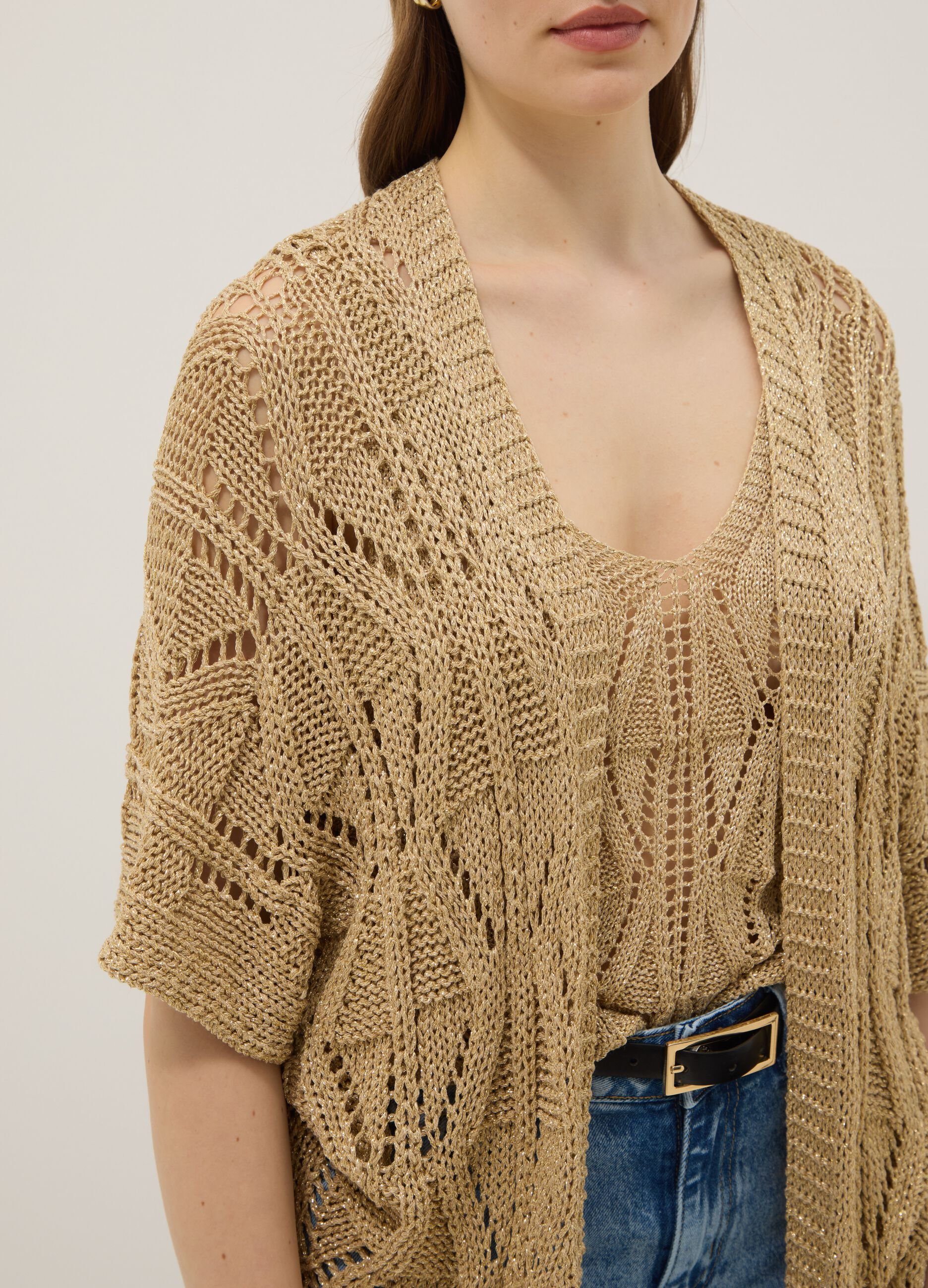 Beige openwork viscose-blend cardigan