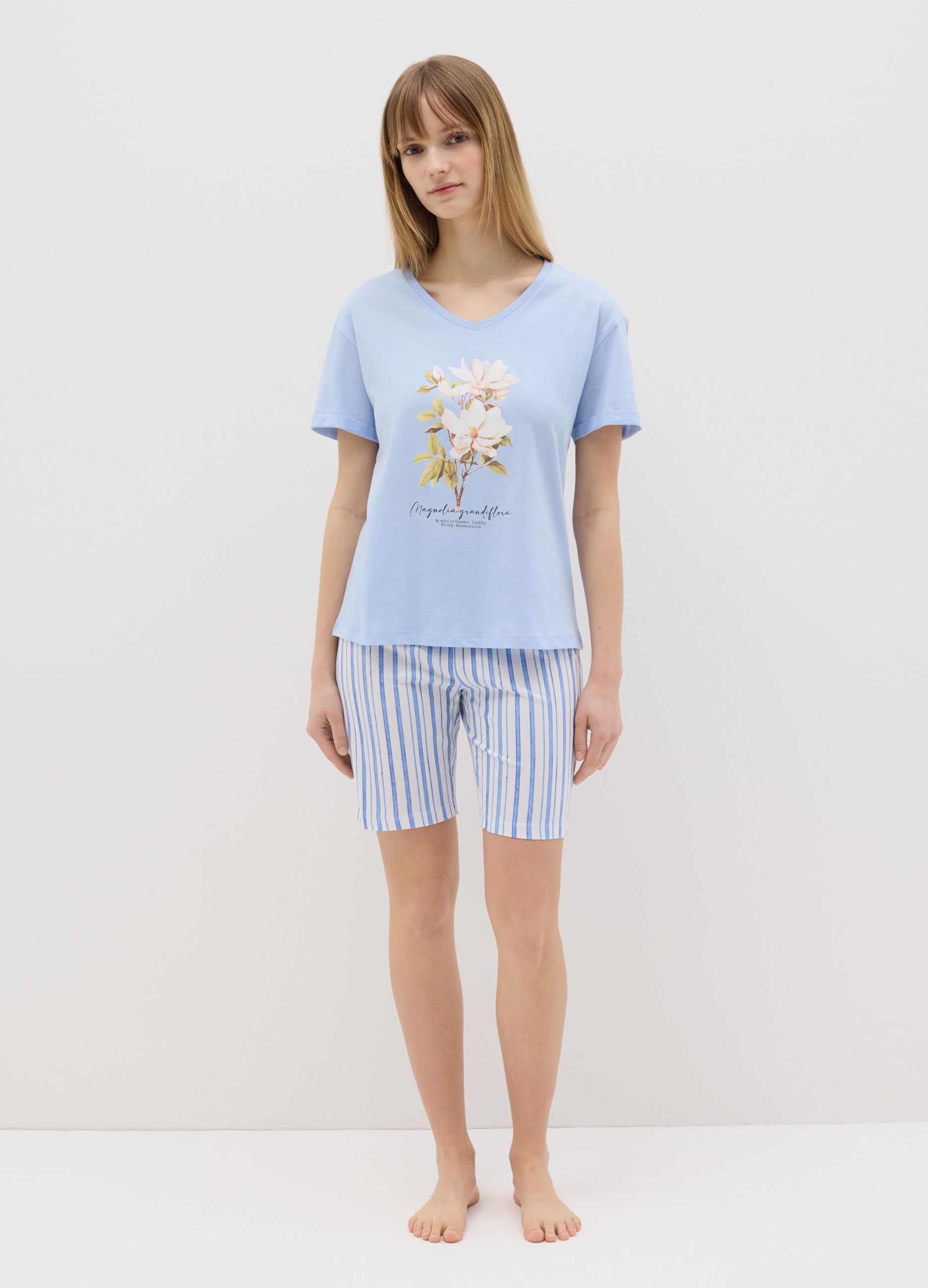 Light blue cotton pyjamas with floral print