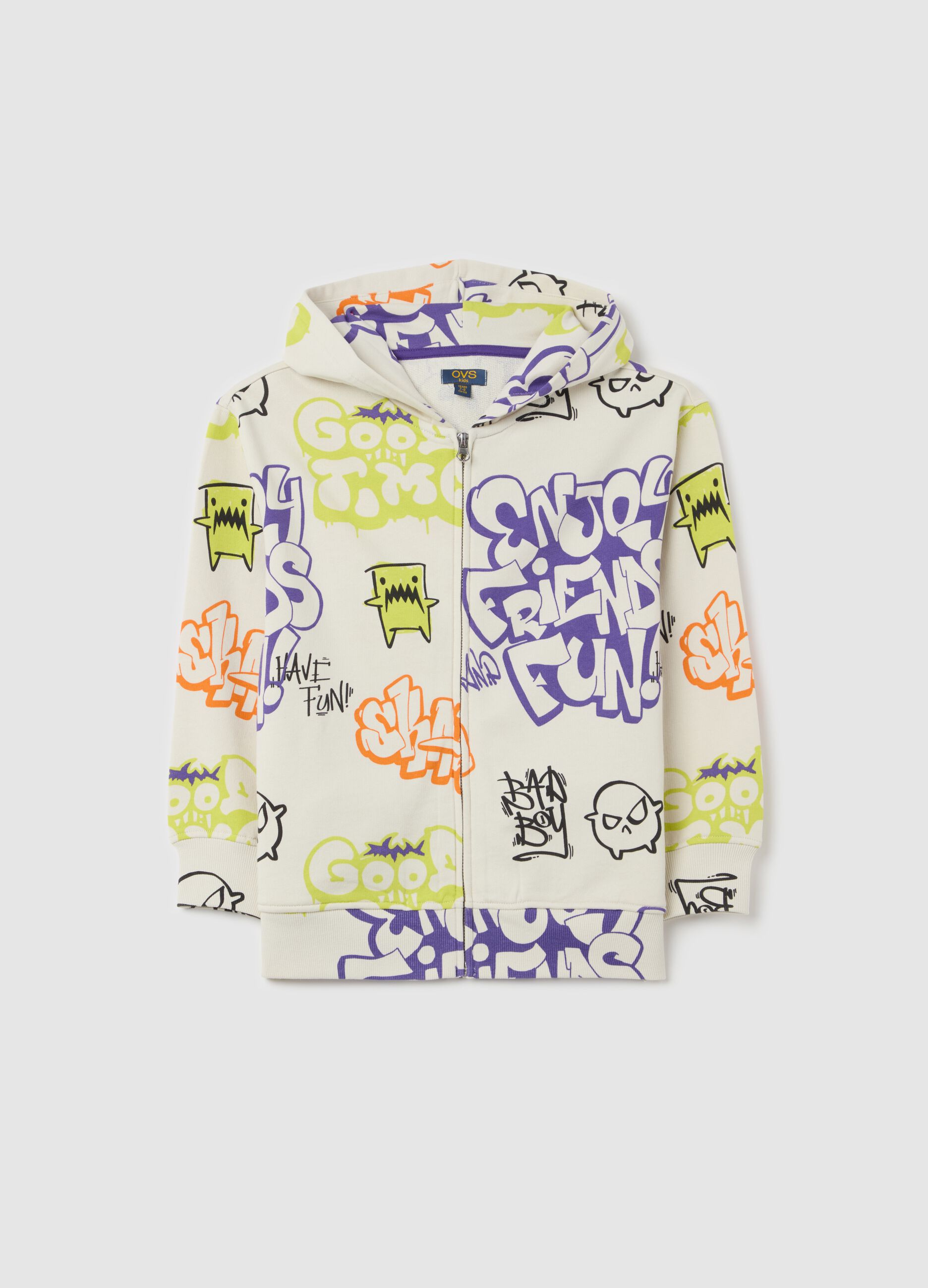 Full-zip sweatshirt with hood and graffiti-style monsters print