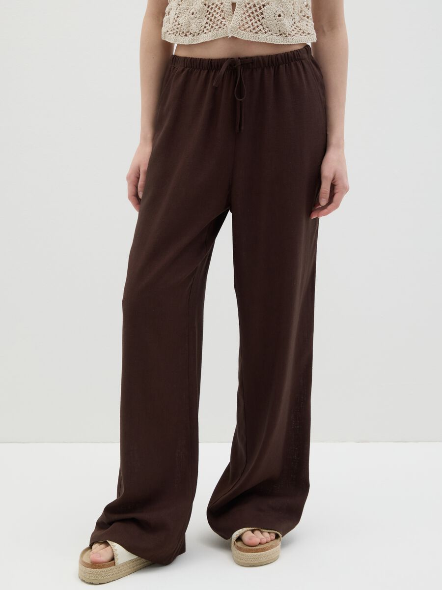 Brown wide-leg trousers in linen and viscose_1