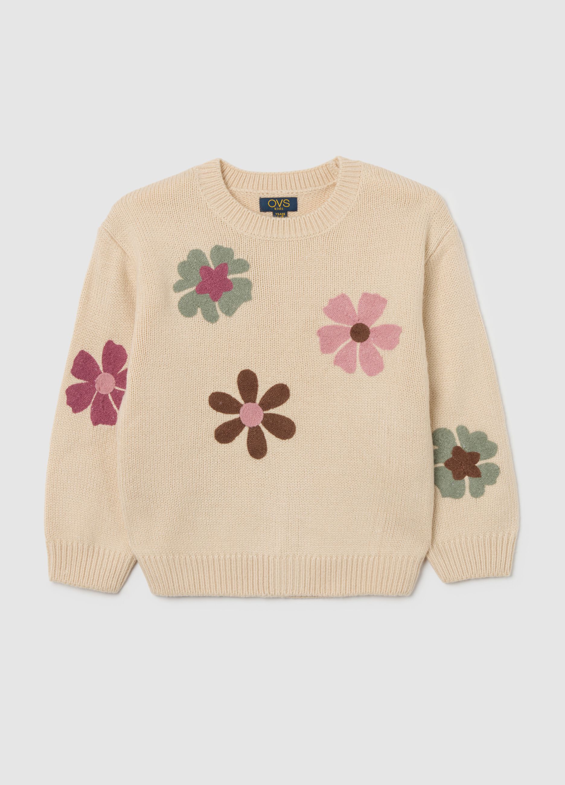 Beige regular fit girls' jumper with flowers