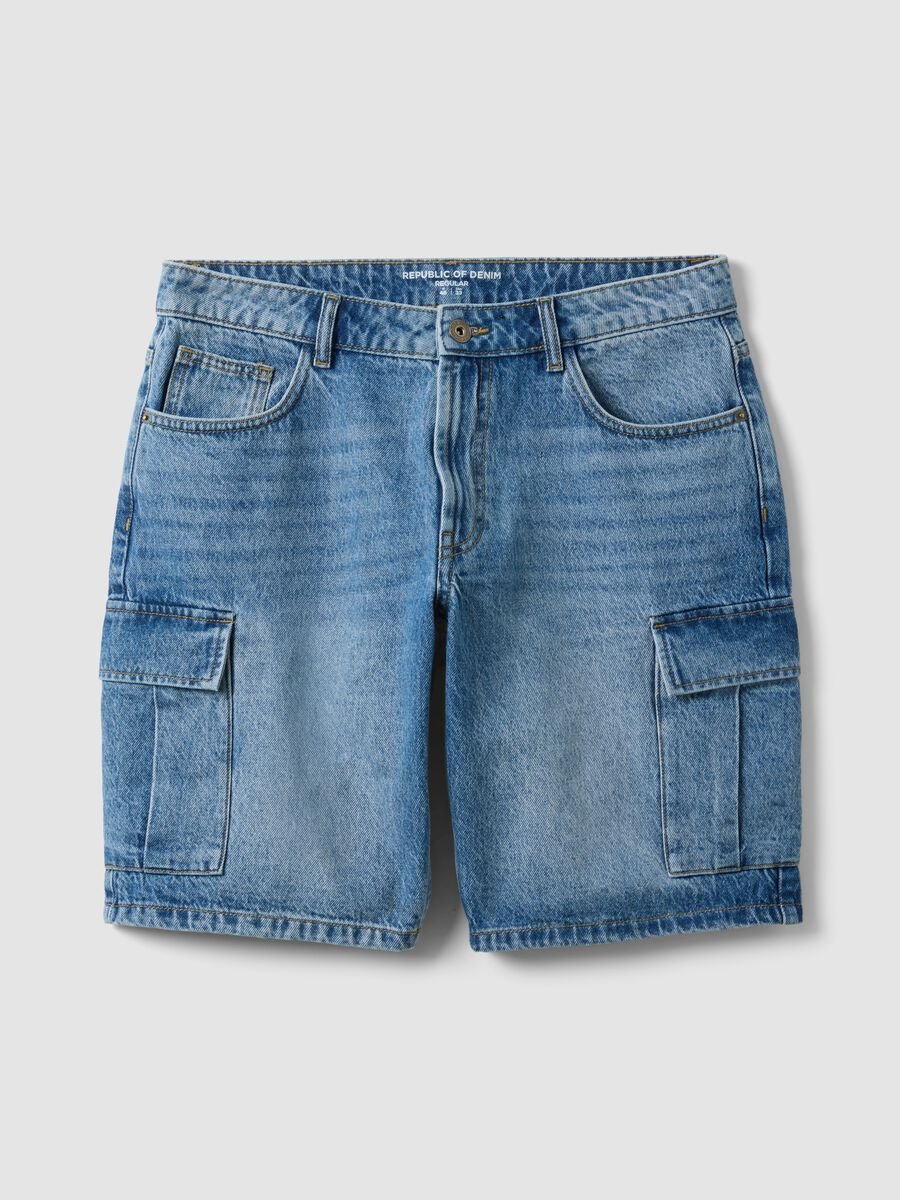 Regular-fit pure cotton blue denim Bermuda shorts_4