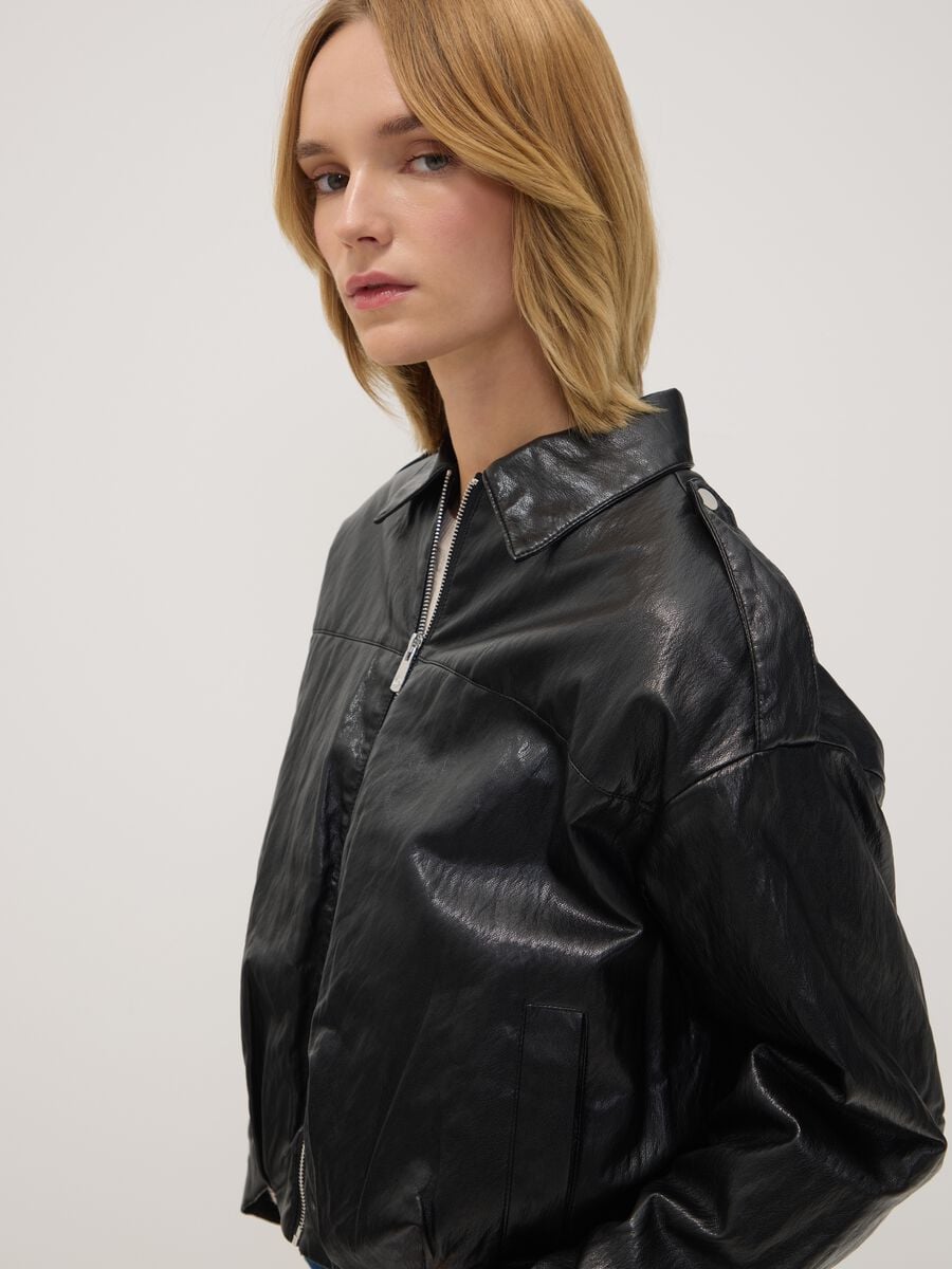 Giacca nera in misto cotone con zip regular fit_0
