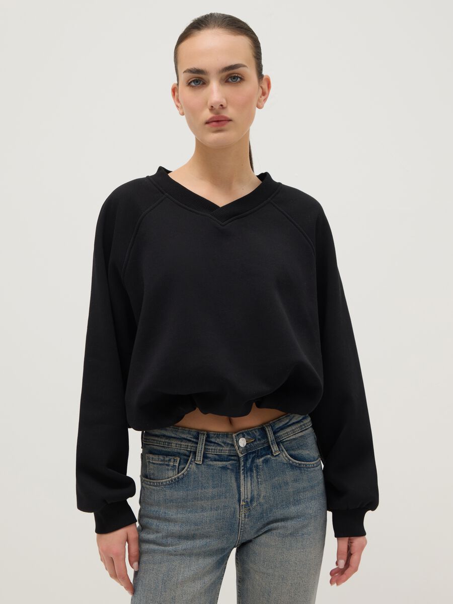 Black oversized cotton blend sweatshirt with V-neck_1