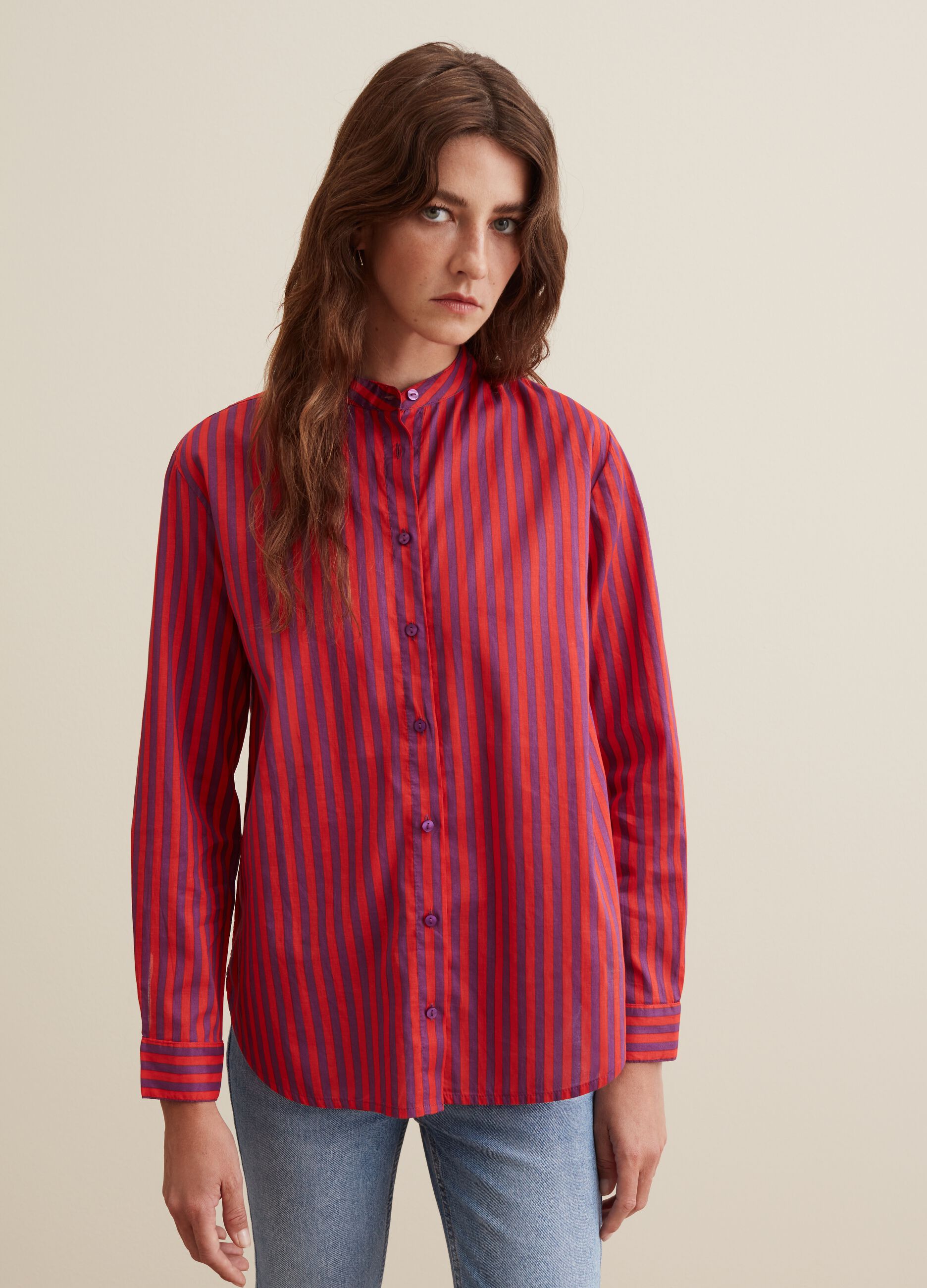 Camicia in cotone a righe collo alla coreana