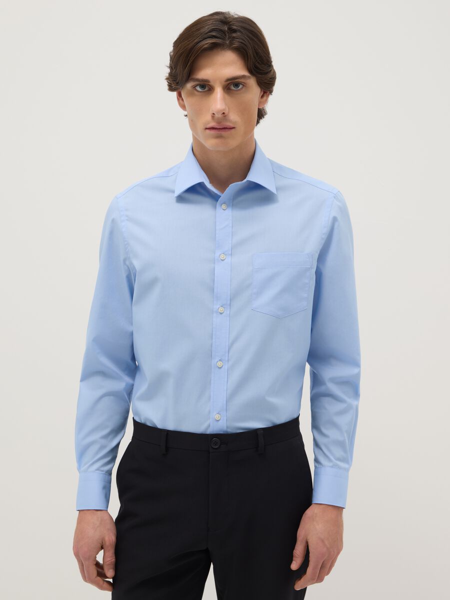 Blue cotton blend regular fit shirt_0