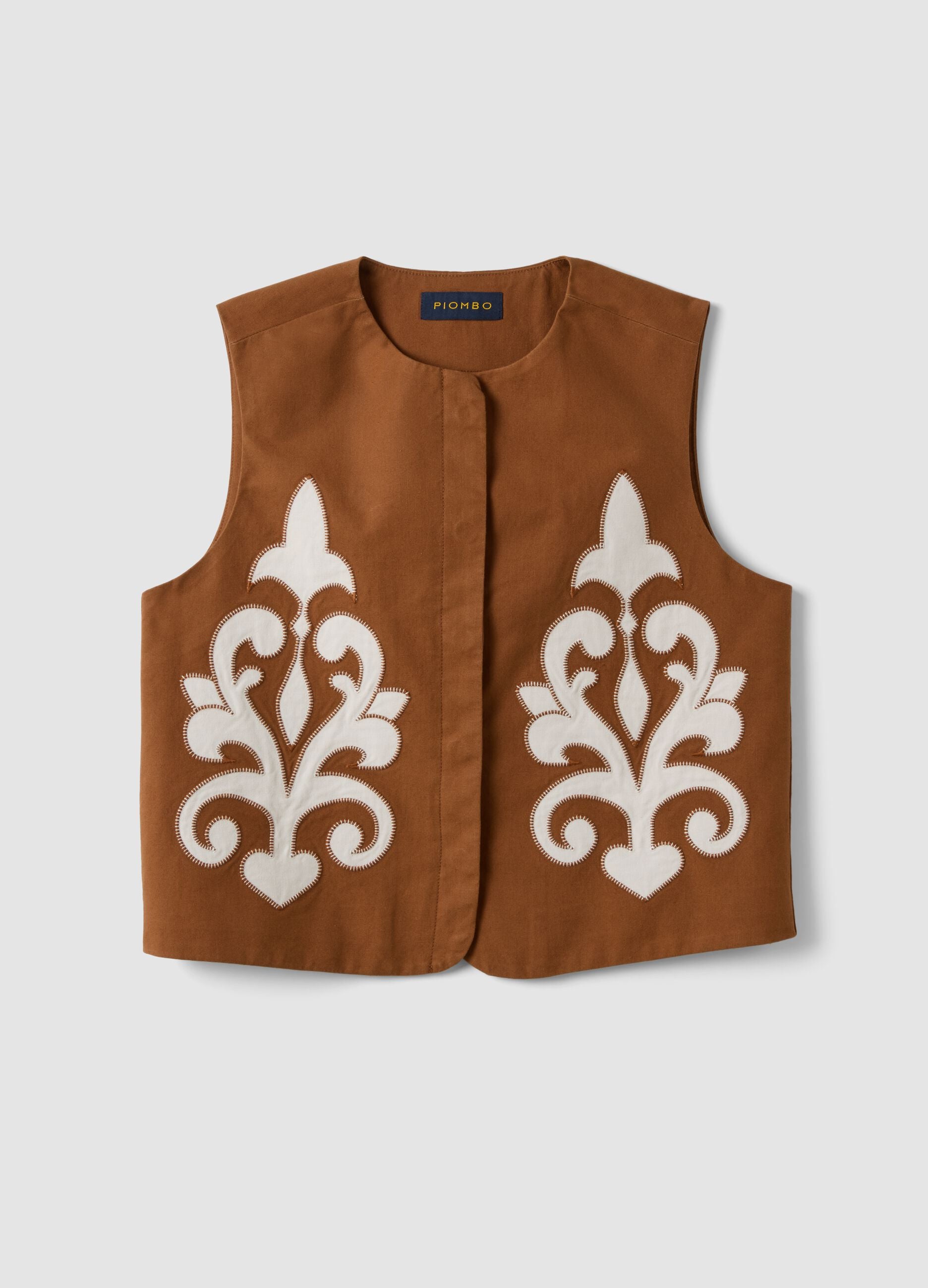 Brown linen and lyocell-blend gilet with applied embroidery