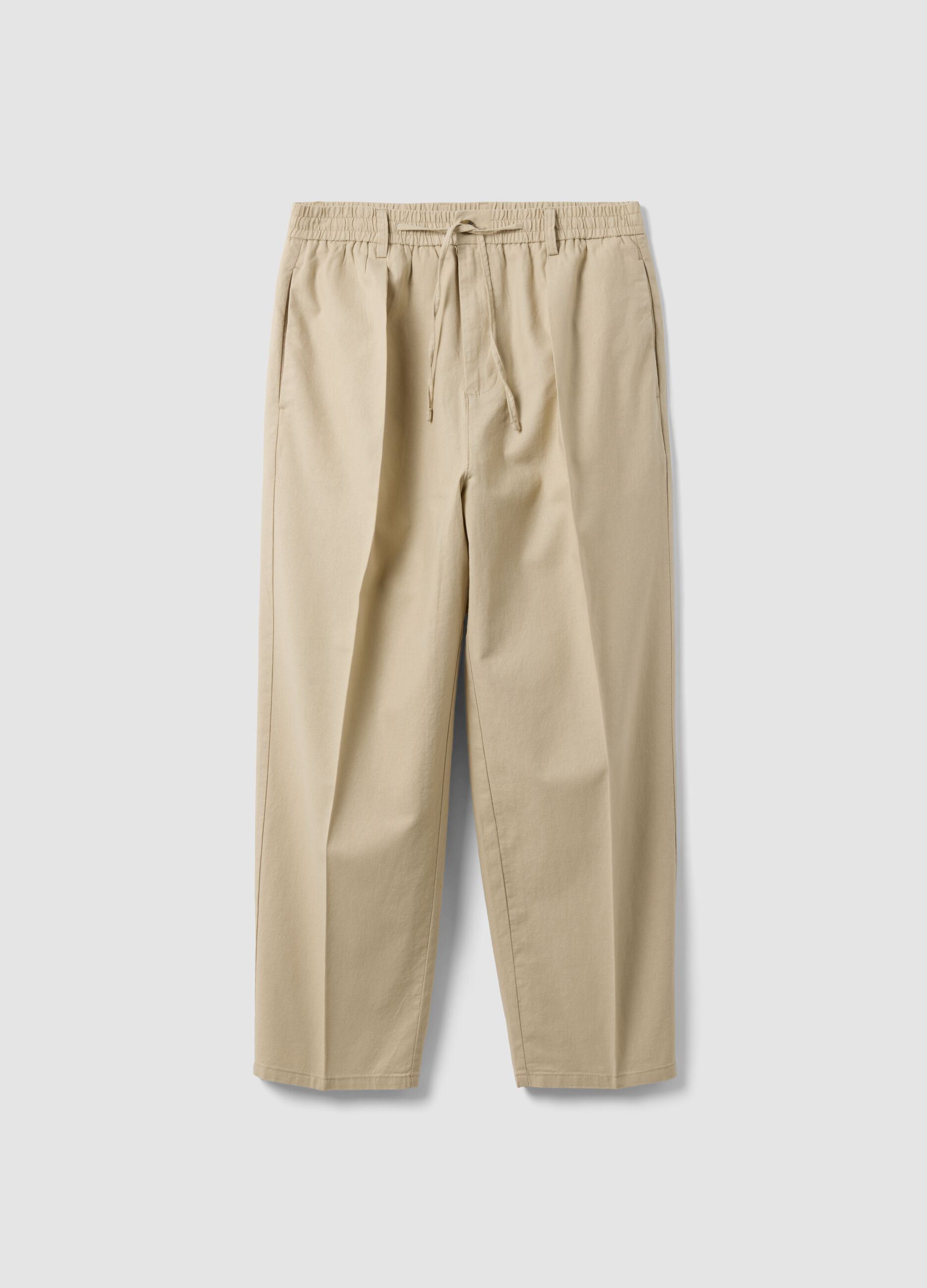 Beige linen-cotton blend trousers with an elasticated waist