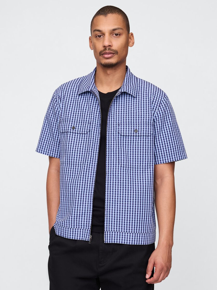 Blue checked short-sleeve shirt_0