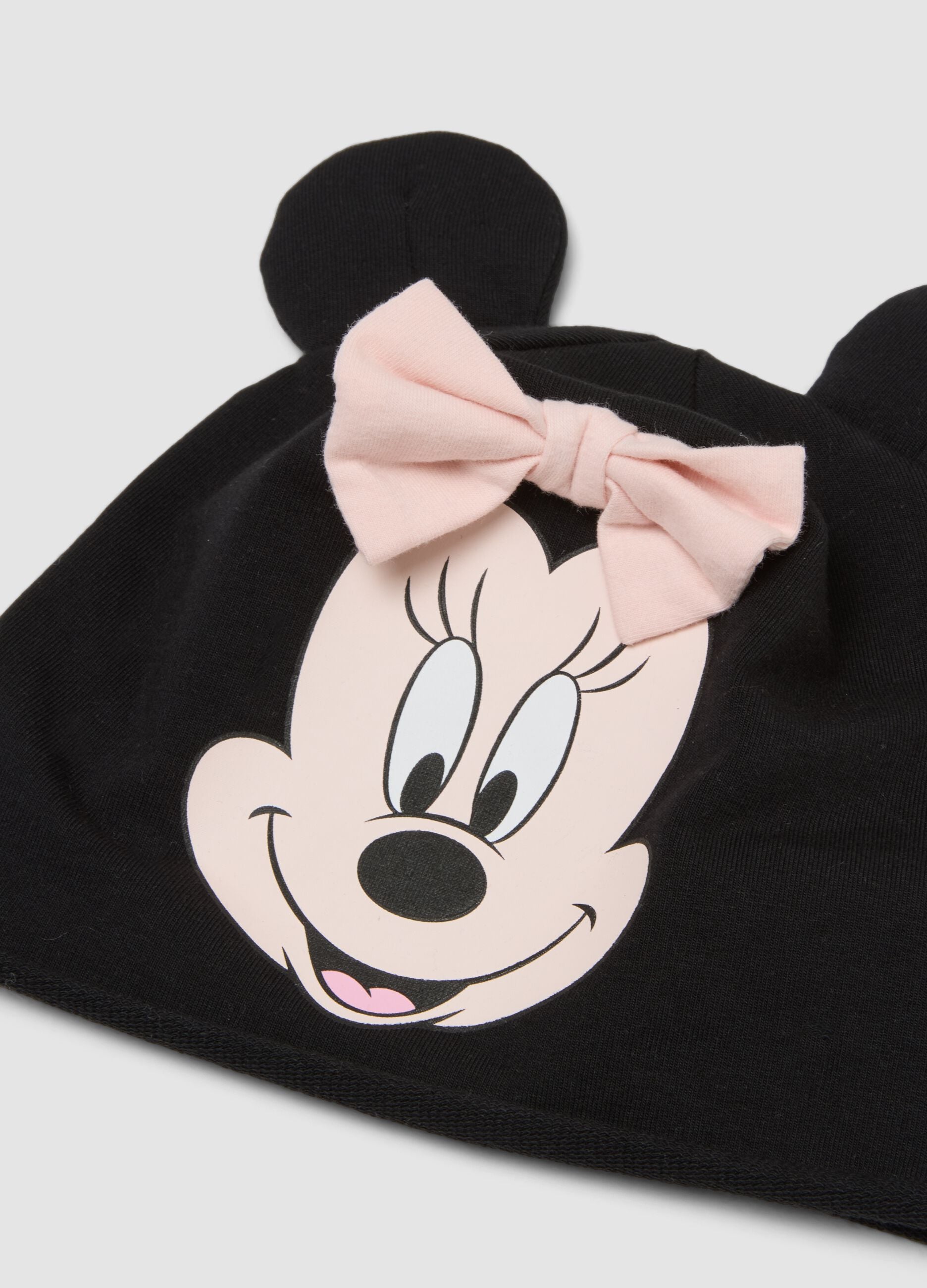 Black stretch organic cotton hat with Minnie print and bow