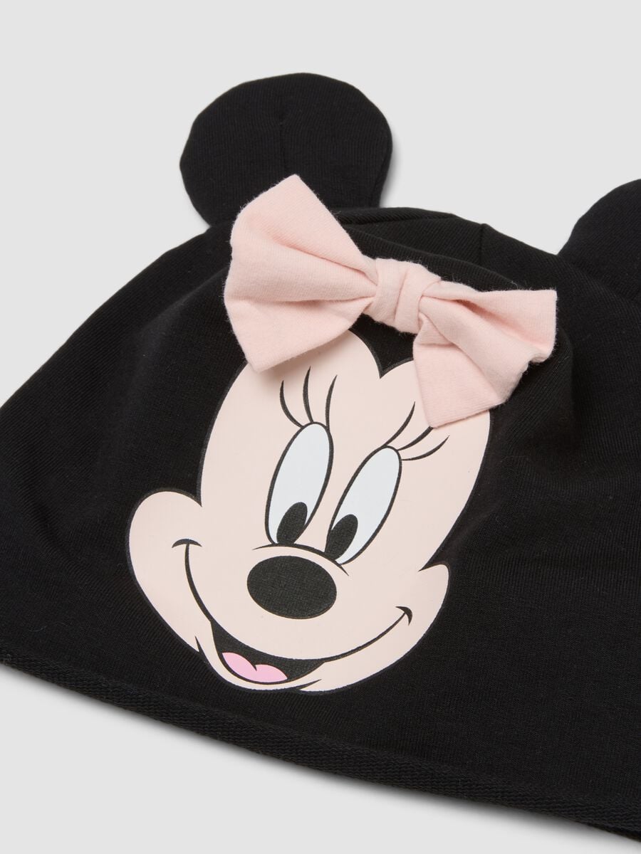 Cappello nero in cotone organico elasticizzato con stampa Minnie e fiocco_2
