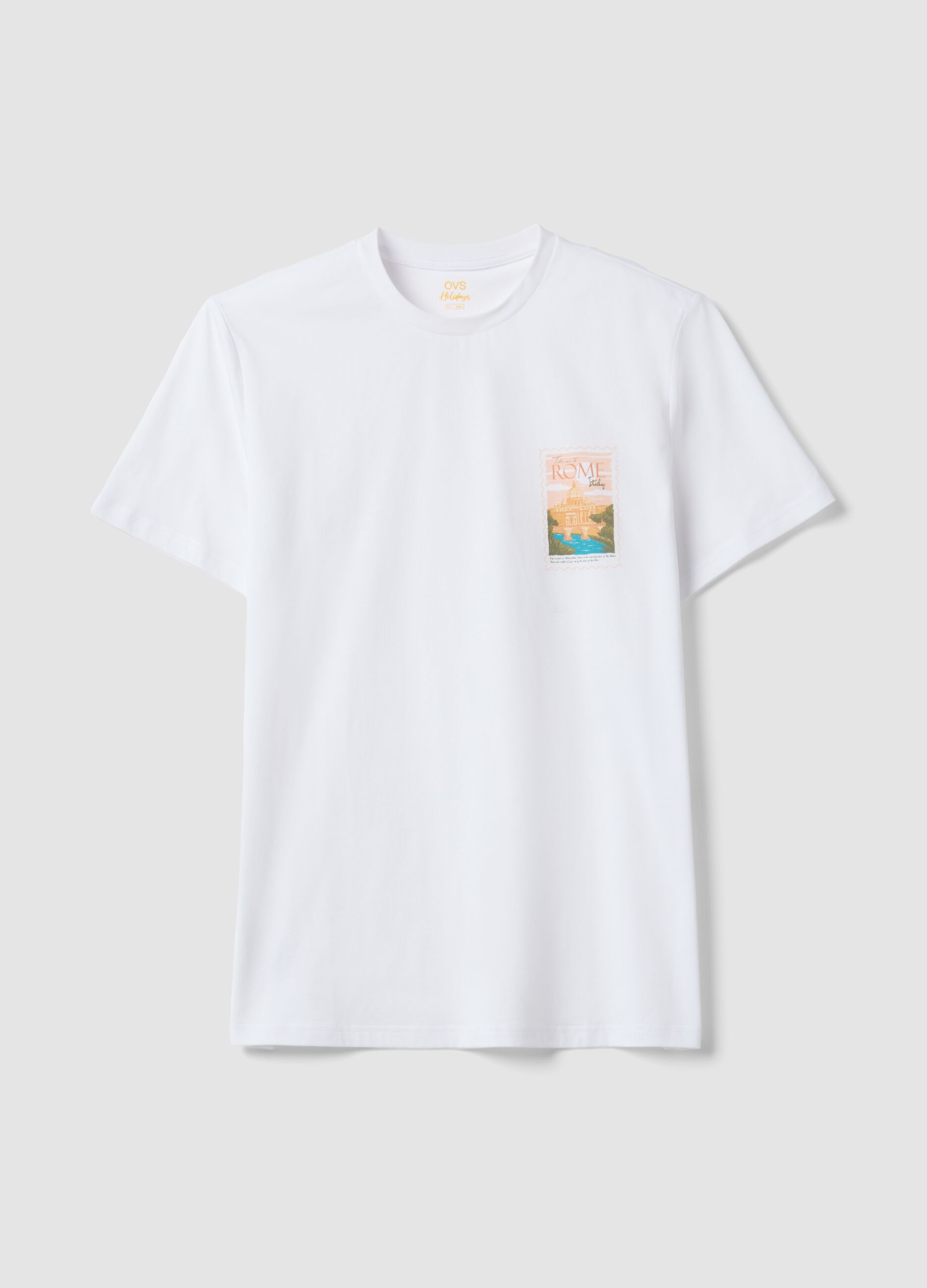 White pure cotton T-shirt with applied print, regular fit