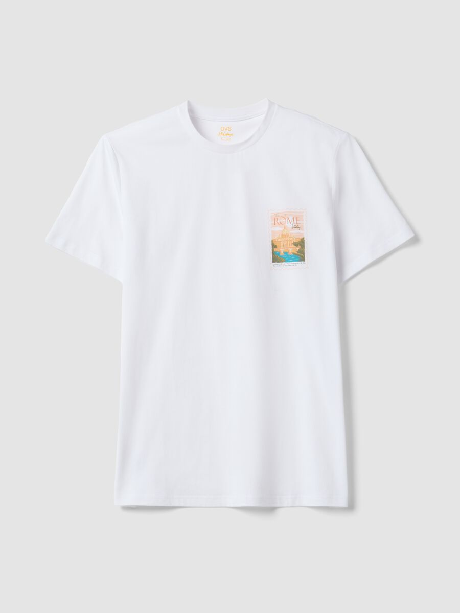 White pure cotton T-shirt with applied print, regular fit_4
