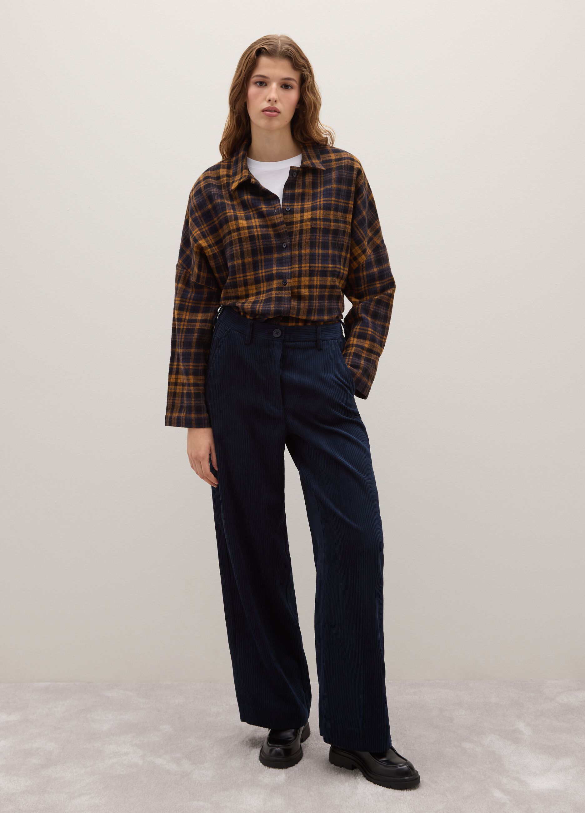 Blue ribbed regular fit stretch fabric trousers